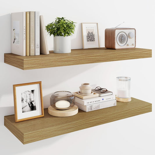 Marsmiles 30" Floating Shelves for Wall, Wooden Shelves with Invisible Brackets Set of 2, Rustic Farmhouse Wall Mounted Shelf for Kitchen Bathroom Living Room Study, Natural Oak