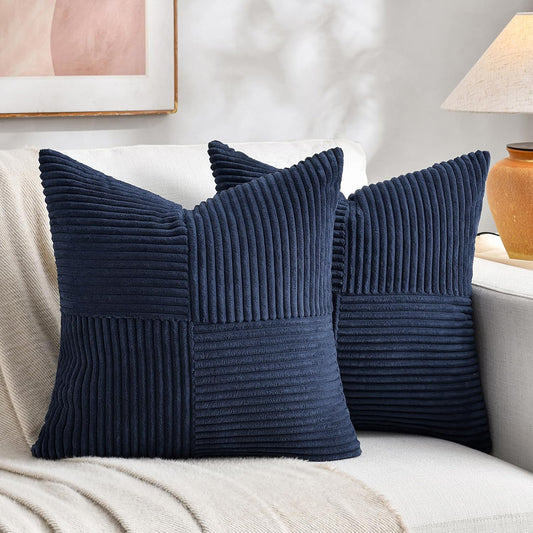 Fancy Homi 2 Packs Navy Blue Euro Decorative Throw Pillow Covers 28x28 Inch for Living Room Couch Bed, Farmhouse Boho Home Decor, Soft Corss Corduroy Patchwork Textured Square Cushion Case 71x71 cm