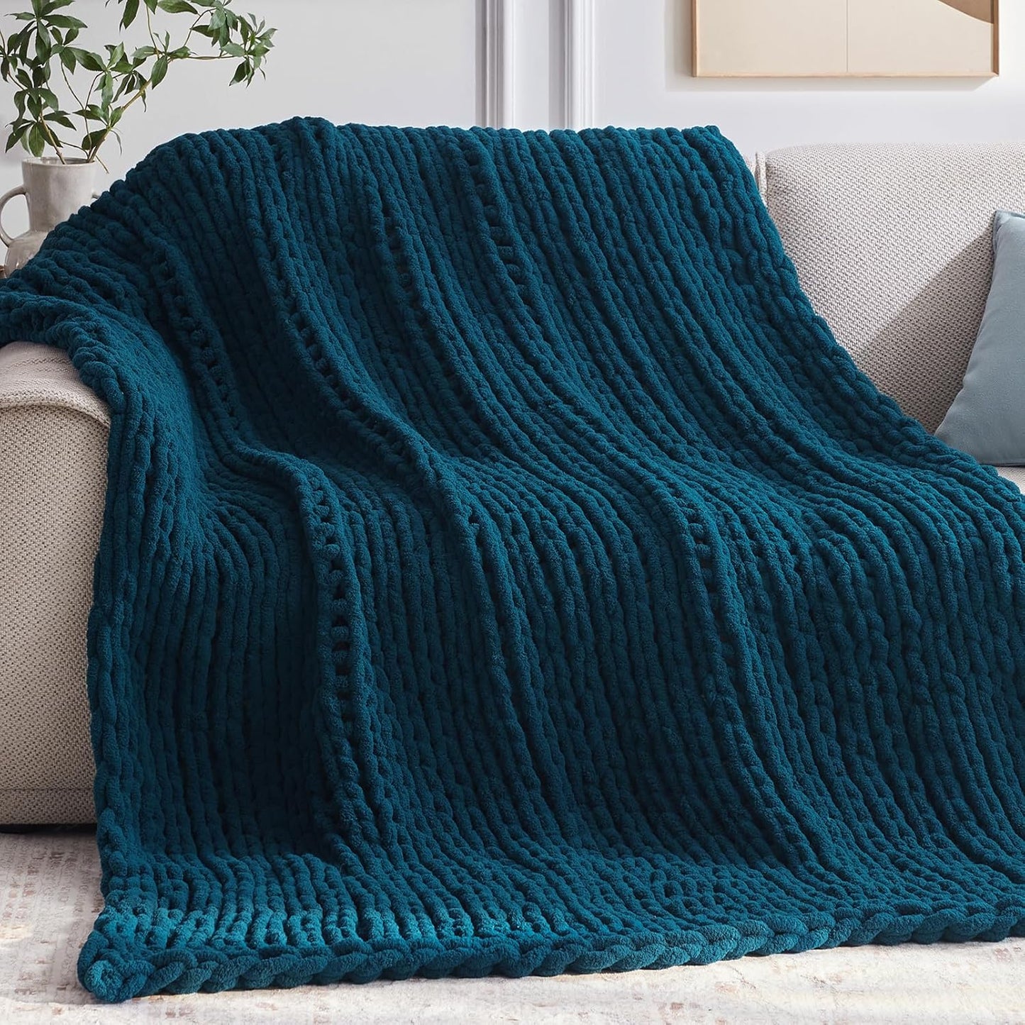 Chunky Knit Throw Blanket, 50''*60'' Knitted Throw Chenille Yarn for Bed Couch, Handmade Peacock Blue Crochet Big Thick Blanket, Machine Washable Cute Comfy Blanket for Home Decor