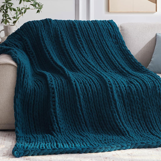 Chunky Knit Throw Blanket, 50''*60'' Knitted Throw Chenille Yarn for Bed Couch, Handmade Peacock Blue Crochet Big Thick Blanket, Machine Washable Cute Comfy Blanket for Home Decor