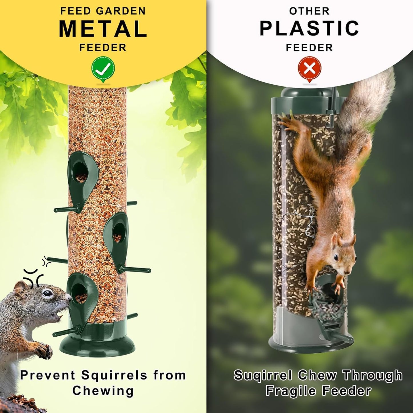 FEED GARDEN Metal Tube Bird Feeders for Outdoors Hanging, 6-Port Bird Feeder for Outside, Finch Feeders for Outside, Squirrel Proof Bird Feeders with Heavy Duty Metal Lid, Chew-Proof, 13 Inch Green
