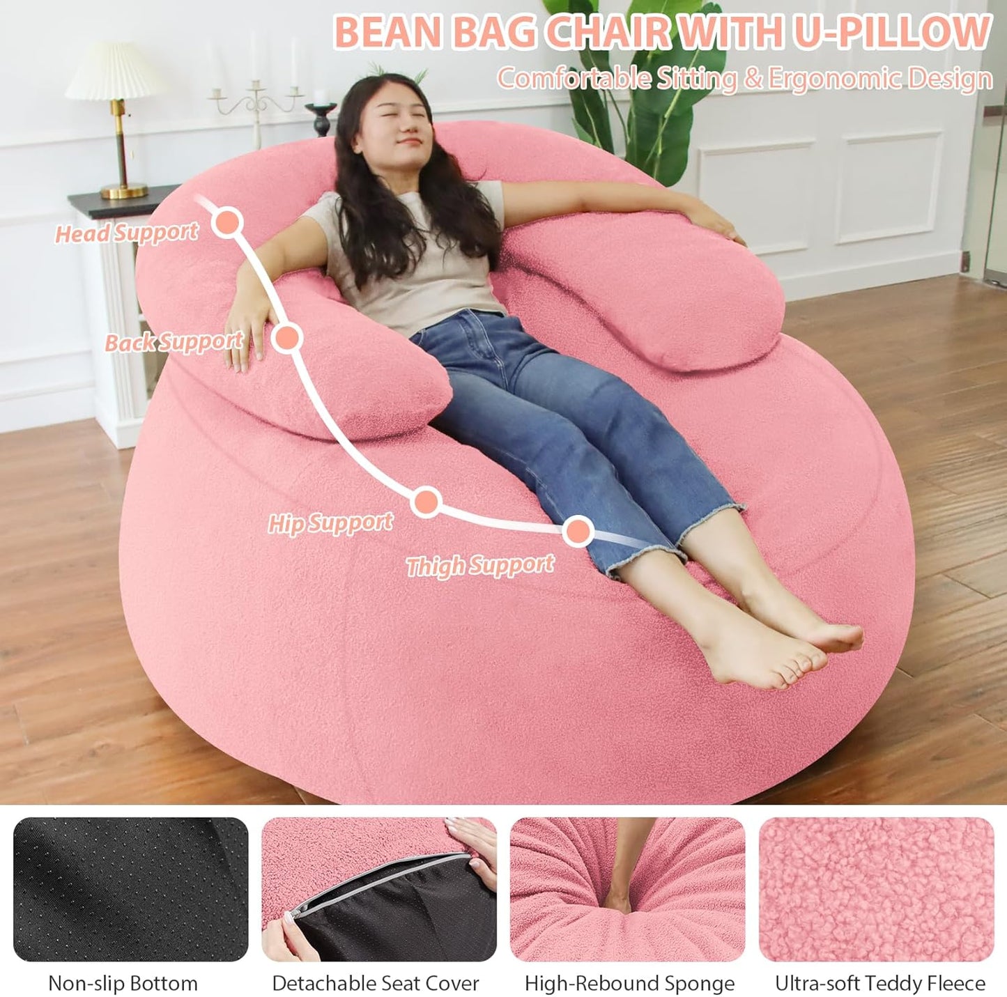 HABUTWAY Bean Bag Chair with U-Shaped Pillow for Adult and Kids Big BeanBag Chair with Filling Ultra Soft Teddy Fleece Couch Chair with Washable Cover for Living Room Bedroom, Light Pink & Light Pink
