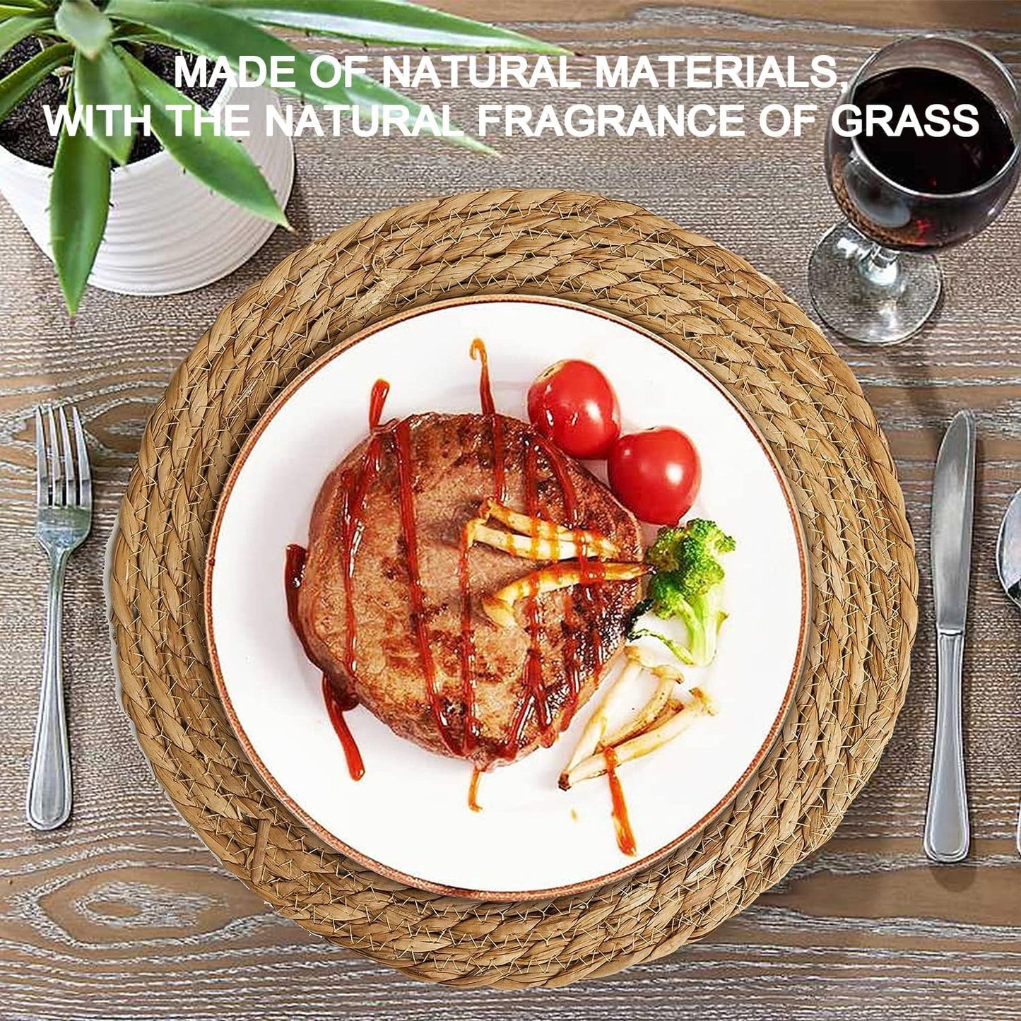 Defined Deco Woven Placemats Set of 4,12" Round Rattan Placemats,Natural Hand-Woven Water Hyacinth Placemats,Farmhouse Weave Place Mats,Rustic Braided Wicker Table Mats for Dining Table,Home,Wedding.