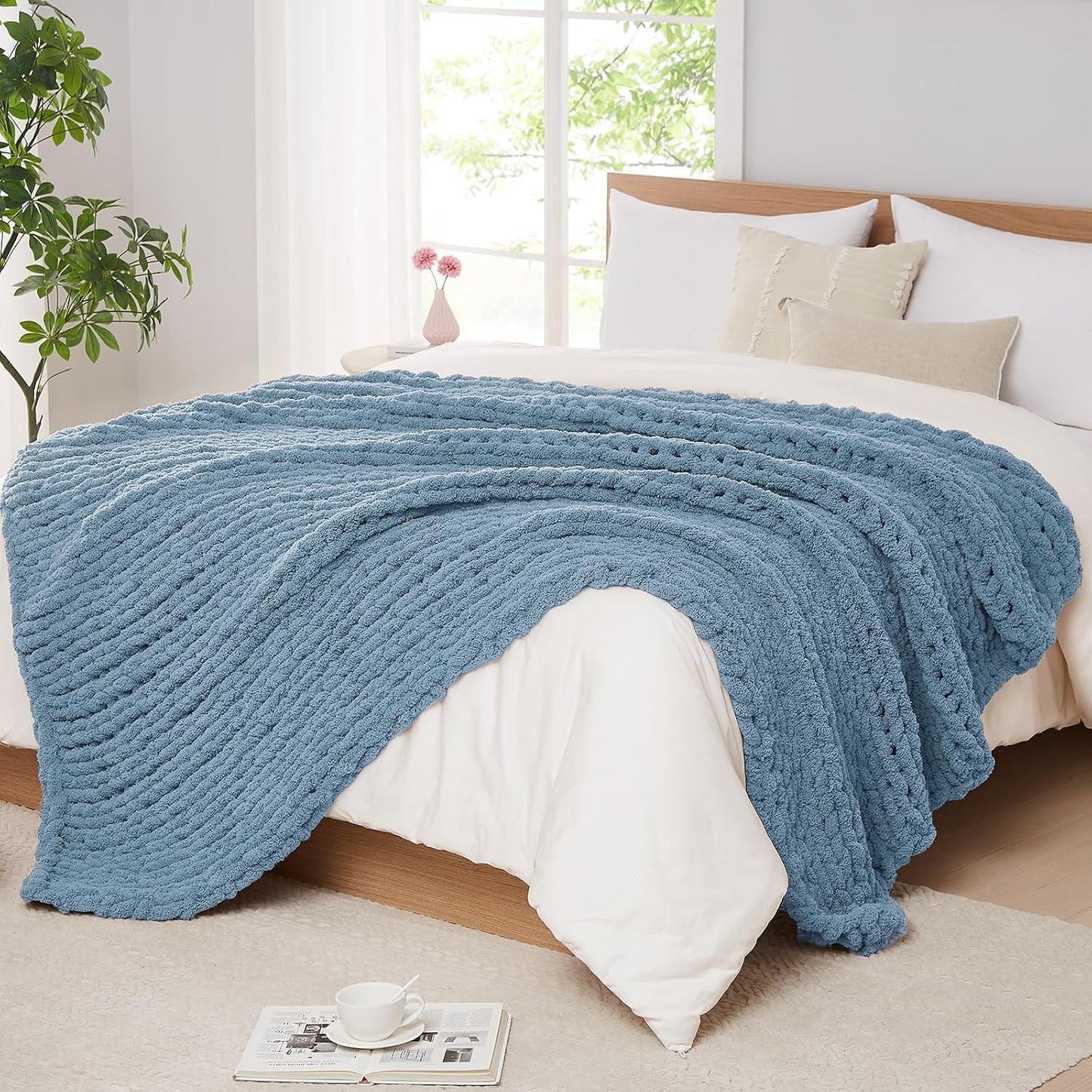 L'AGRATY Chunky Knit Blanket Throw: 50''x60'' Chenille Chunky Knitted Throw Blanket for Bed Couch - Handmade Thick Big Cable Knit Blanket - Large Crochet Rope Blanket for Home Decor(Airy Blue)