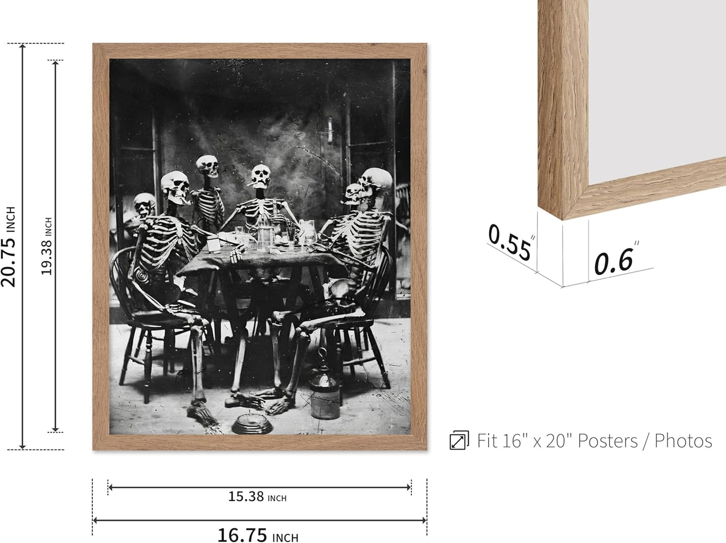 Poster Master Vintage Photograph Poster - Retro Daguerreotype Print - Gift for Artist, Friend - Skeletons Smoking at Table, Dinner Party, Goth - Wall Decor for Home, Dorm, 16x20 Beige Framed