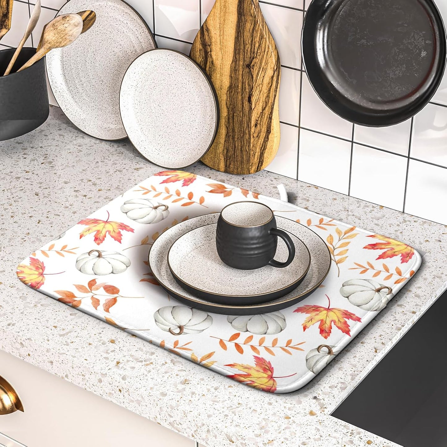 Fall Dish Drying Mat for Kitchen Counter Autumn White Pumpkins Maple Leaves Seasonal Super Absorbent Reversible Microfiber Kitchen Countertop Protector Dishes Pad Small 16x18 inch