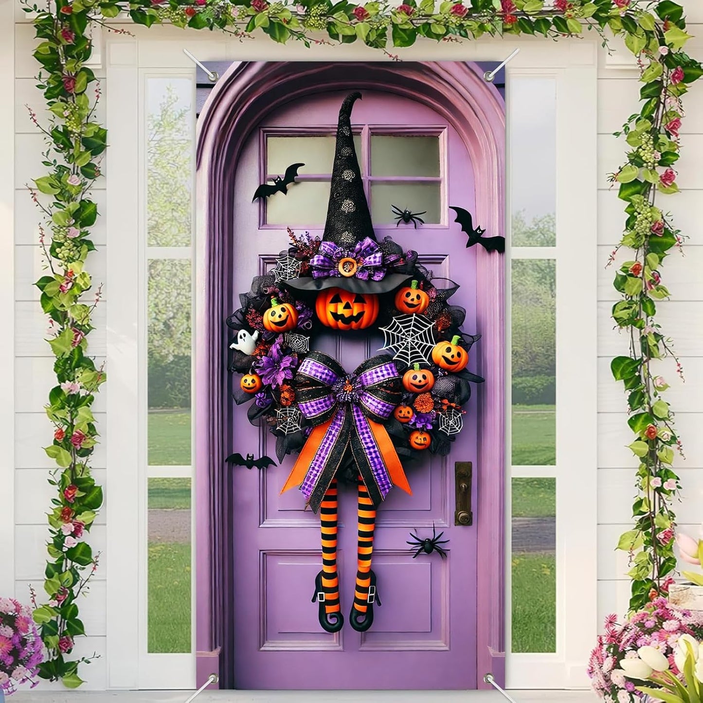 Halloween Witch Wreath Door Cover 71x35 Inch Holiday Front Porch Door Banners Decoration Purple Pumpkin Spider Web Bat Background Hanging Banner for Indoor Outdoor Spooky Party Decor