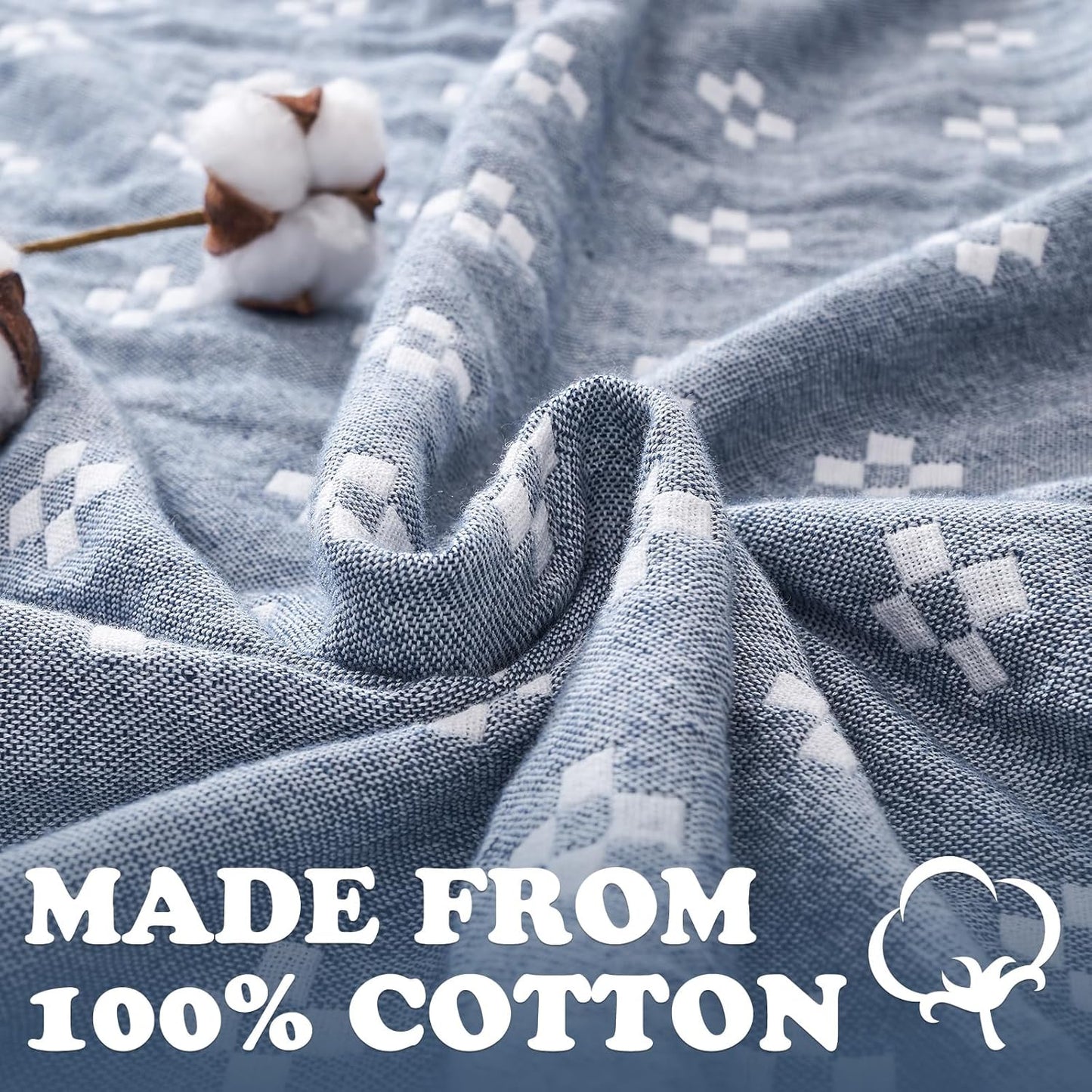 jinchan Boho 100% Cotton Blanket Muslin Lightweight Twin Size Quilted Throw Blanket for Couch Soft Cozy All Season Blanket 3-Layer Floral Throw Cotton Blanket for Bedroom Decor Blue 60x80 Inches