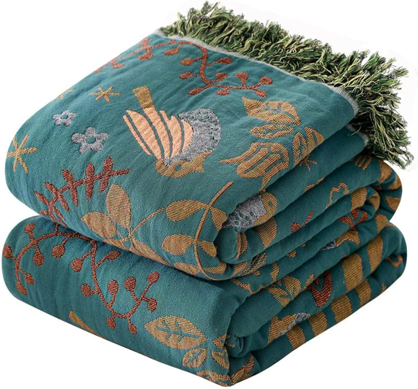 Boho Throw Blanket for Couch Sofa Bed, 100% Cotton Woven Quilt with Tassel 80”x90”, Super Soft Muslin Blanket with Bird Printed, Decorative Reversible Bed Blanket/Cover for All Seasons
