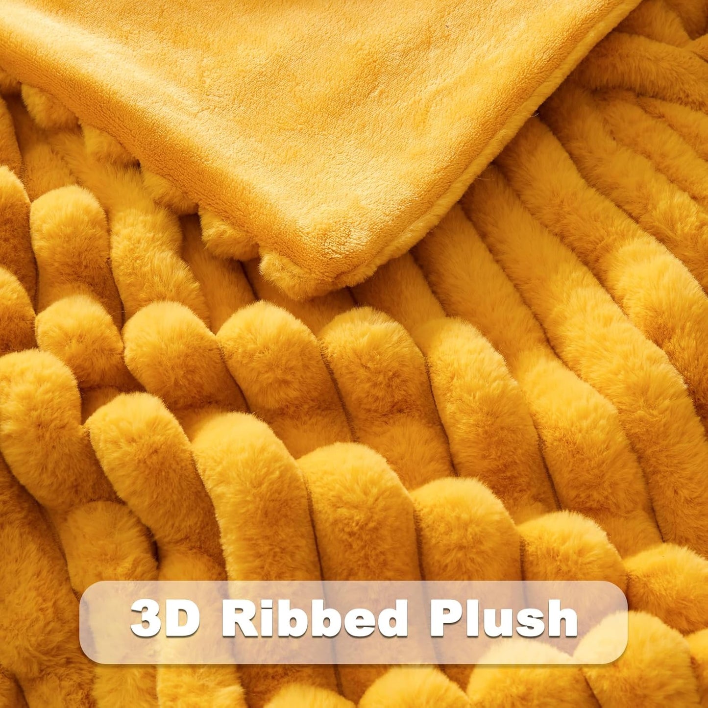 NEWCOSPLAY Faux Fur Throw Blanket Mustard Yellow 3D Ribbed Plush Thick Warm Blanket for Couch Sofa Bed 850GSM (Mustard Yellow Ribbed, Throw(50"x60"))