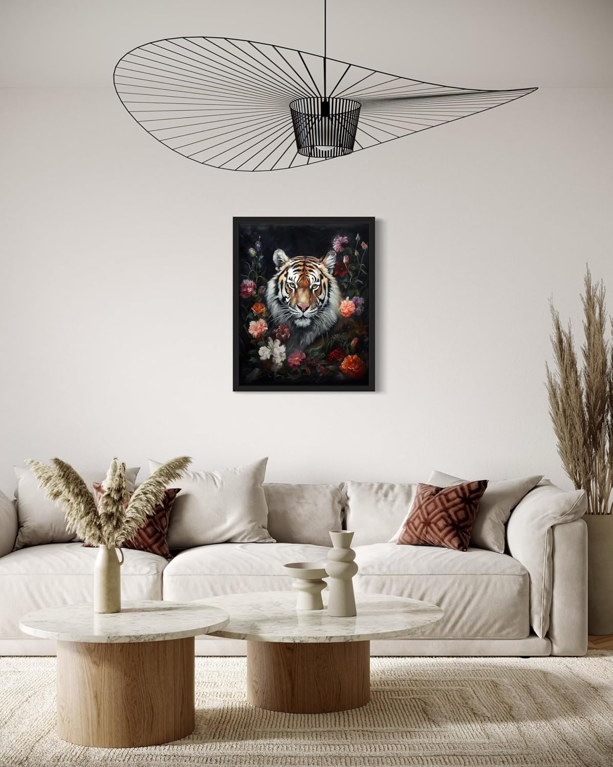 Tiger and Flower Poster Art Print, Halloween Scary Vintage Wall Art Academia Spooky Painting Decoration for Horror Prints, Gothic Posters Bedroom Decor 89 (Tiger and Flower, 8 x 10 inches, Black Frame)