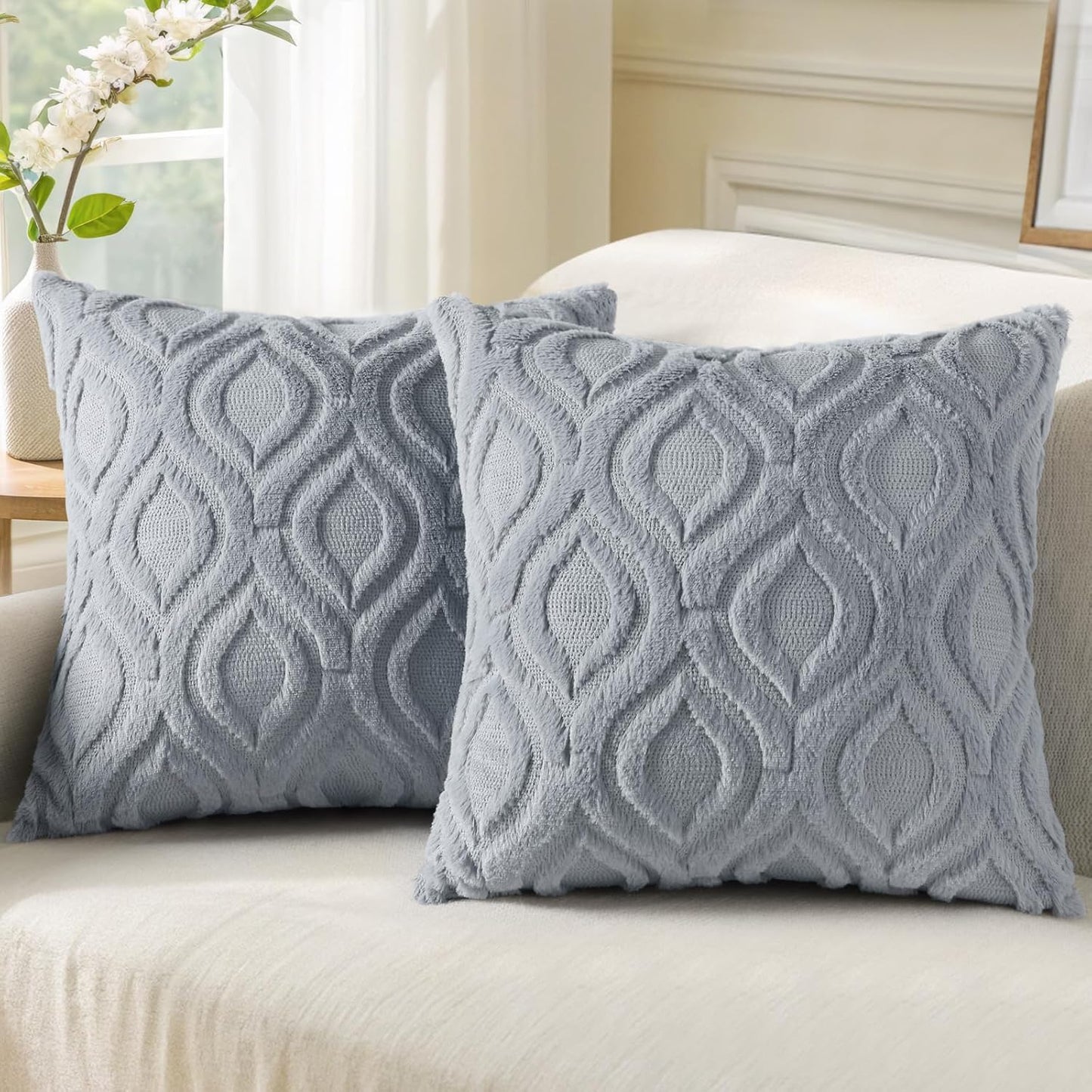 decorUhome Fall Throw Pillow Covers 24x24 Inch Set of 2, Soft Plush Decorative Faux Fur Blue Grey Solid Couch Pillow Covers, Accent Farmhouse Neutral Square Euro Pillow Cases for Sofa Bed Living Room