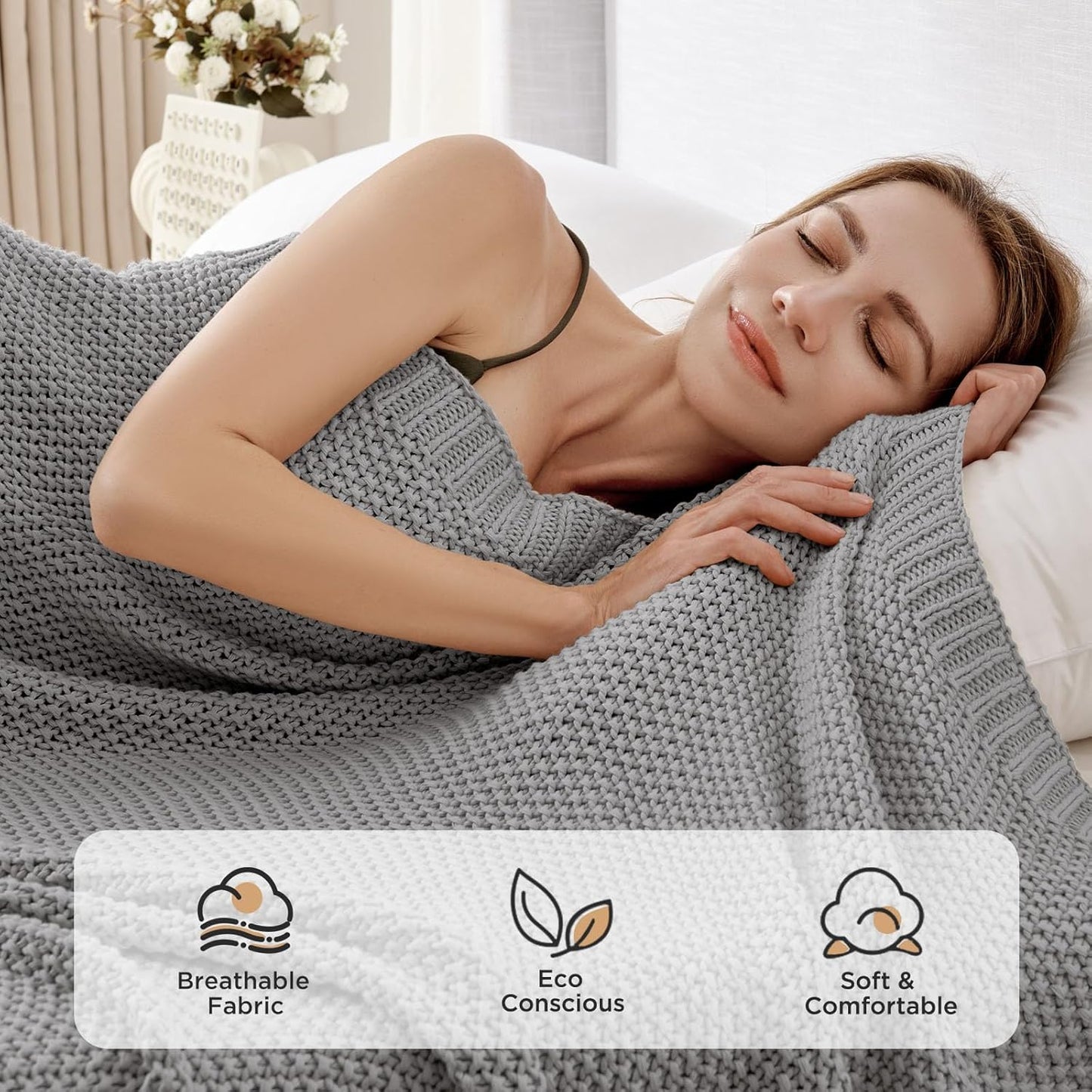 Joydeco Chunky Cable Knit Throw Blanket, Lightweight 100% Cotton Soft Cozy Throw Twin Blanket for Couch Bed and Sofa, Rustic Breathable Farmhouse Blanket Gift for Women Men(Grey, 60"x80")