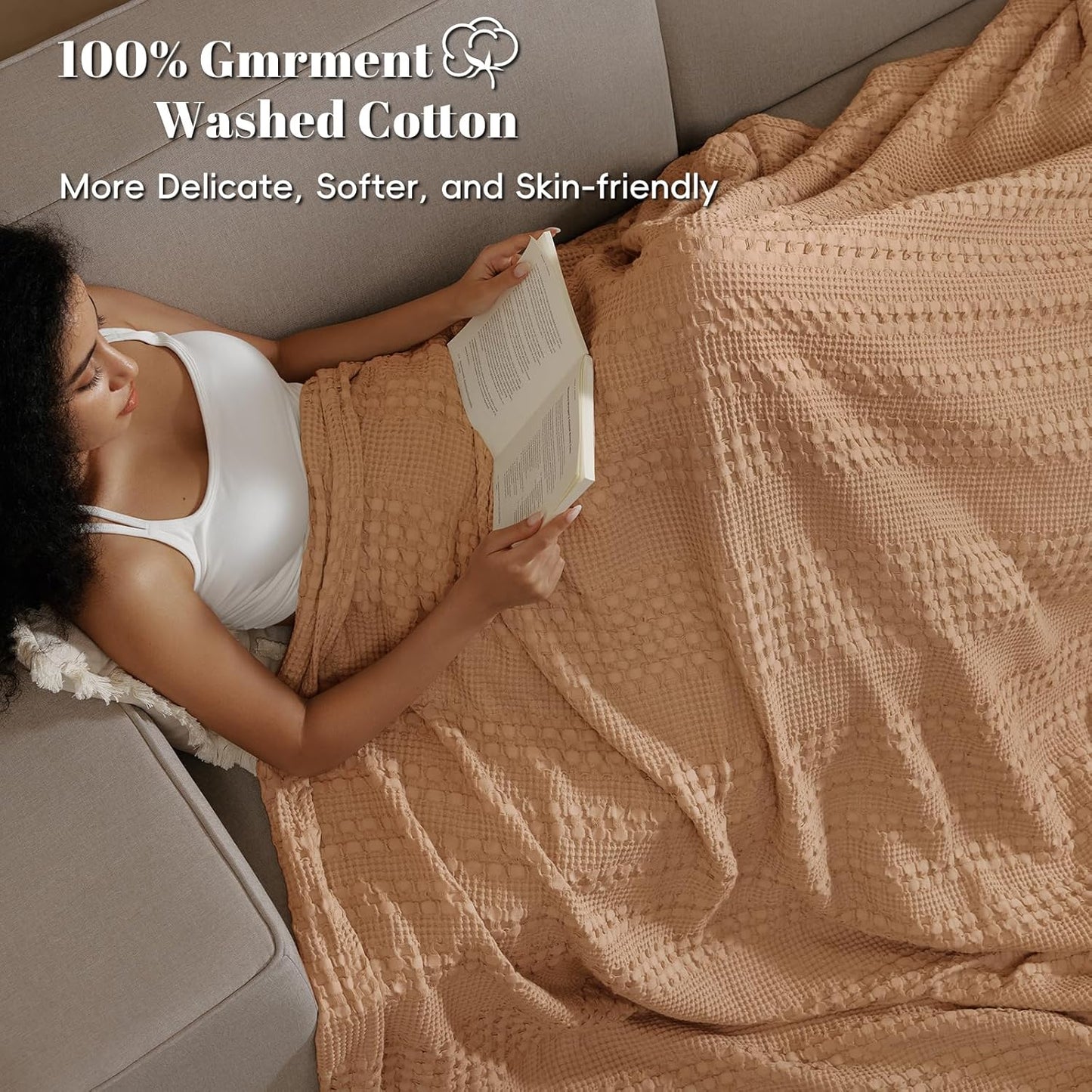 PHF 100% Cotton Waffle Weave Blanket Twin Size, Soft Lightweight Breathable Cozy Summer Blankets for Bed, Luxury Aesthetic Woven Bedding for Home Decor, 66"x90", Camel