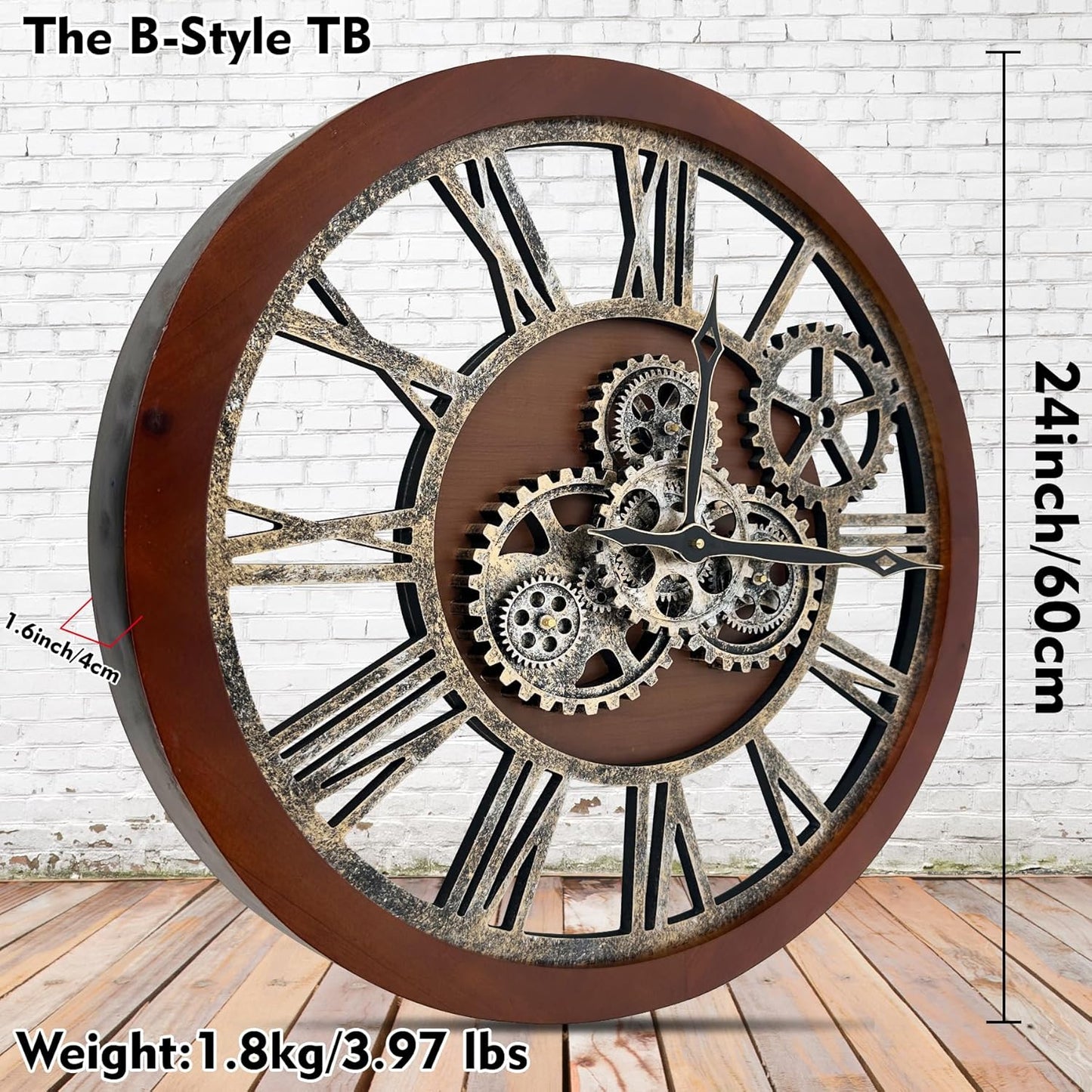 The B-Style Large Wall Clock 24 inch Moving Gear Wall Clock Oversized Vintage Farmhouse Wall Clocks for Living Room Decor Rustic Industrial Wood Clock (Black walunt Wood and Bronze)