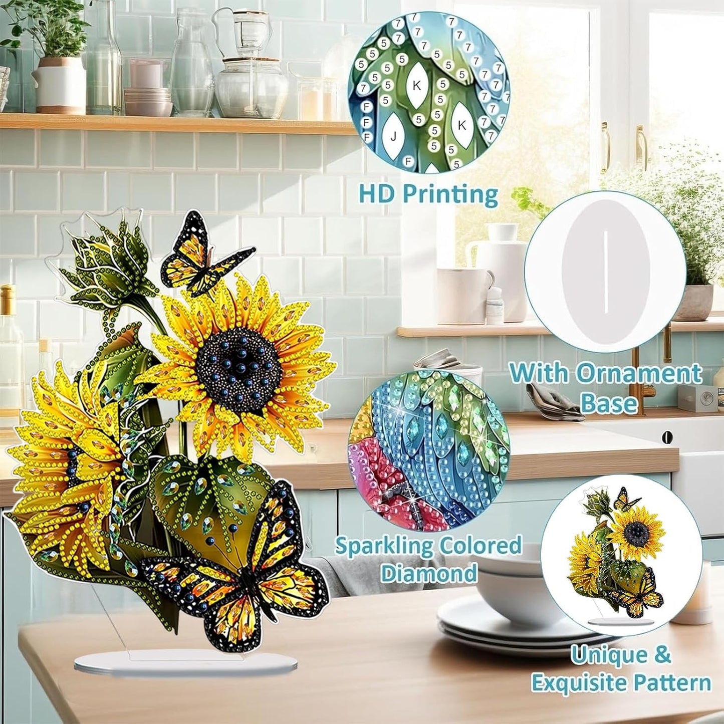 Diamond Painting Kits for Adults Beginners, 5D Full Drill Sunflower Butterfly Crystal Art Desktop Ornament, DIY Single Sided Home Office Desk Decor, Creative Craft Gift Set with Tools