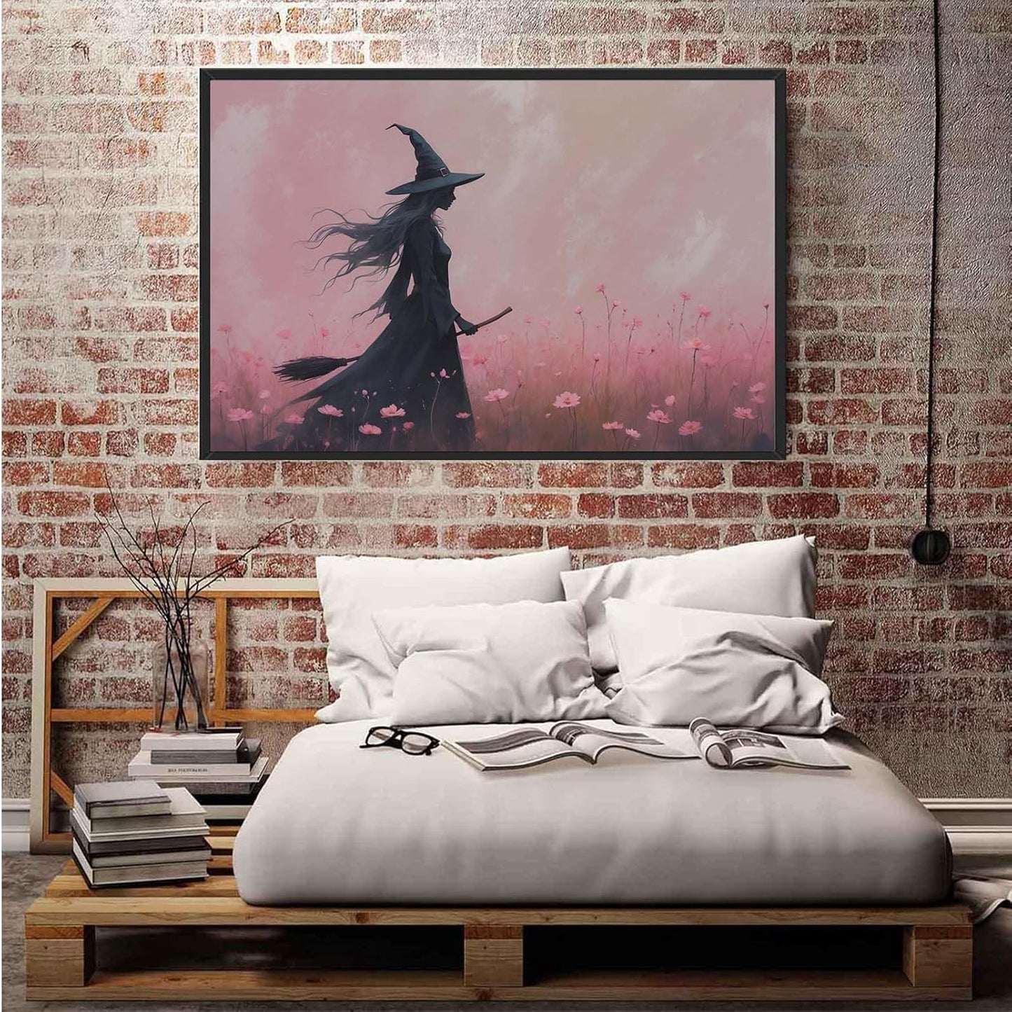 JFHCQJPK Witch in the pink sea of flowers Halloween prints weird flowers wall art silhouette painting fashionable romantic decoration suitable for bedroom20x30in Metal blackFramed