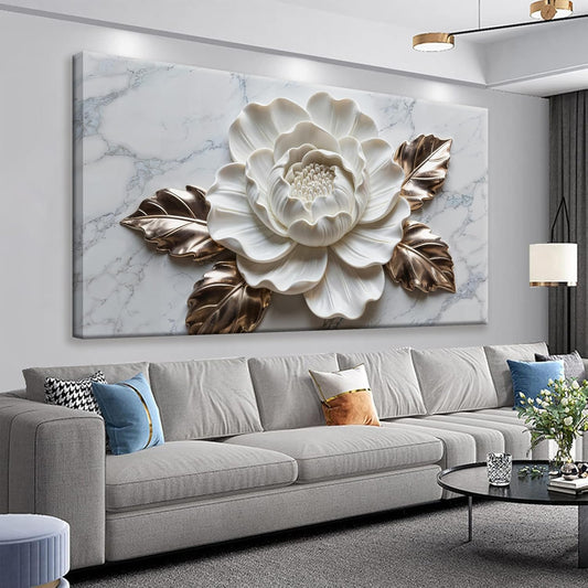 Wall Art Living Room Marble Texture Wall Art Modern White Flower Canvas Art Wall Decor Home Wall Decor Suitable Pictures For Bedroom Apartment Office Can Be Hung 24" × 48"