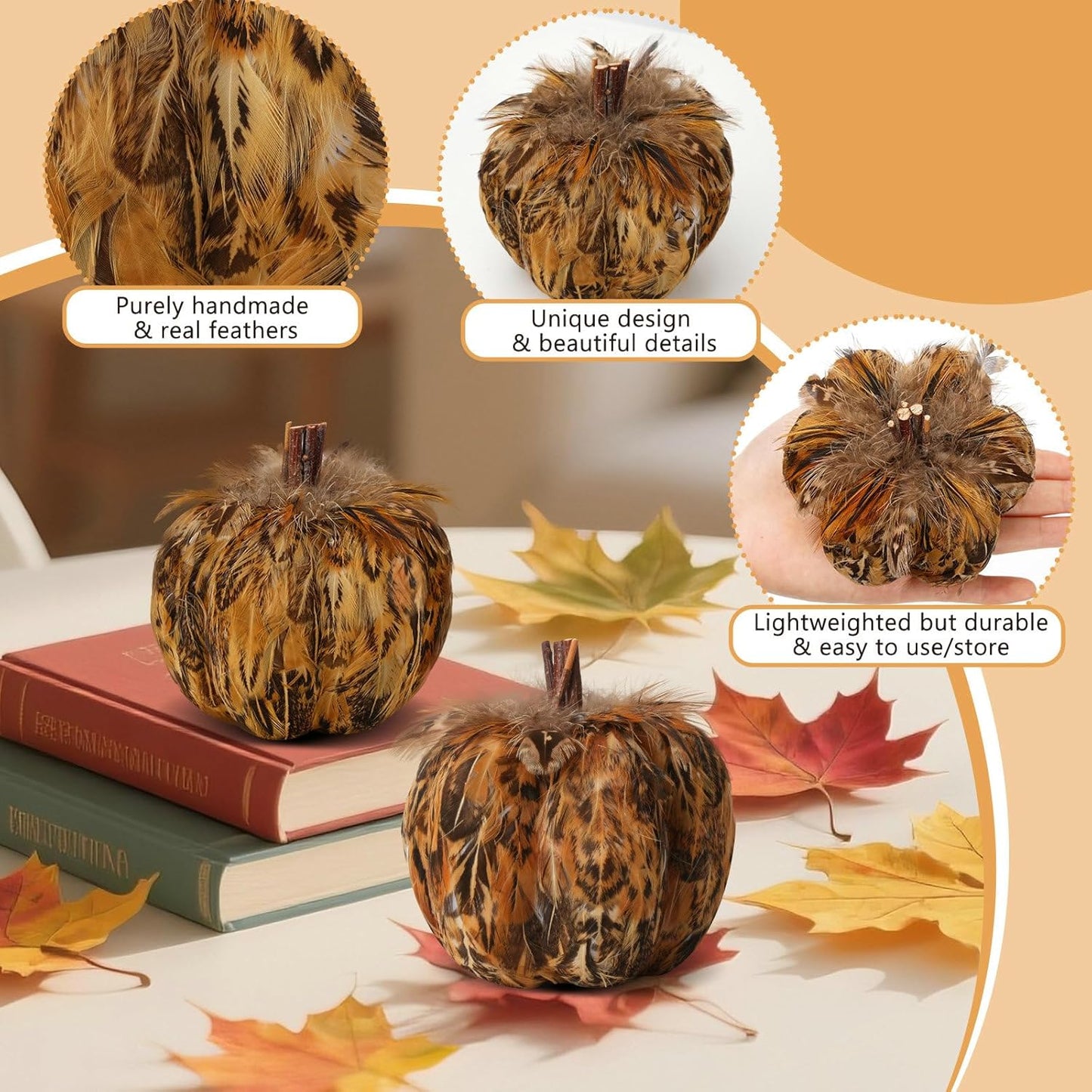 naturevibe 4.3 Inches Elegant Feathered Pumpkin Decor Set of 4 for Thanksgiving Decorations, Natural Feather Pumpkins as Fall Home Decor,Centerpieces for Tables or Autumn Harvest Gifts