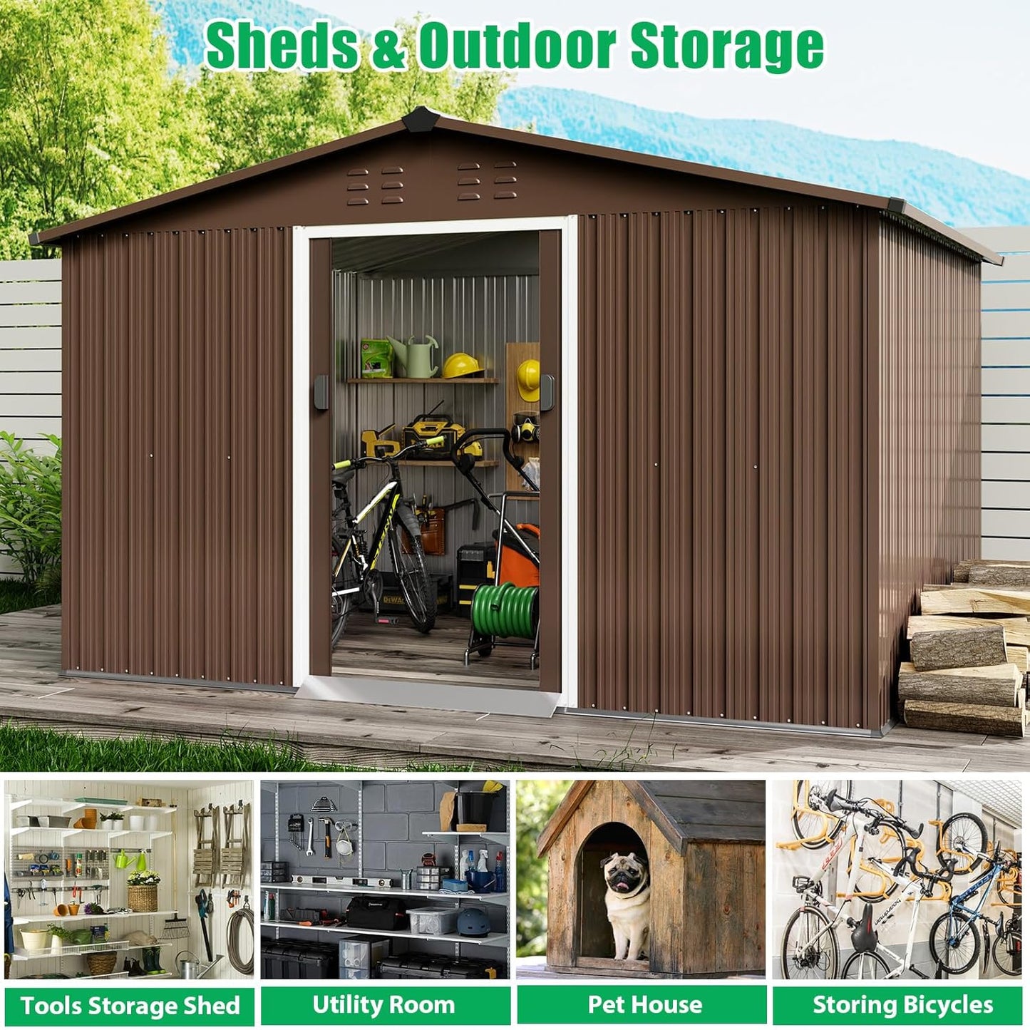 10x10 Ft Brown Metal Outdoor Storage Shed, Large Garden Shed with Sloped Roof & Lockable Door, Backyard Garden Patio Lawn Outdoor Shed for Organising Tools and Equipment in Yard, Garden
