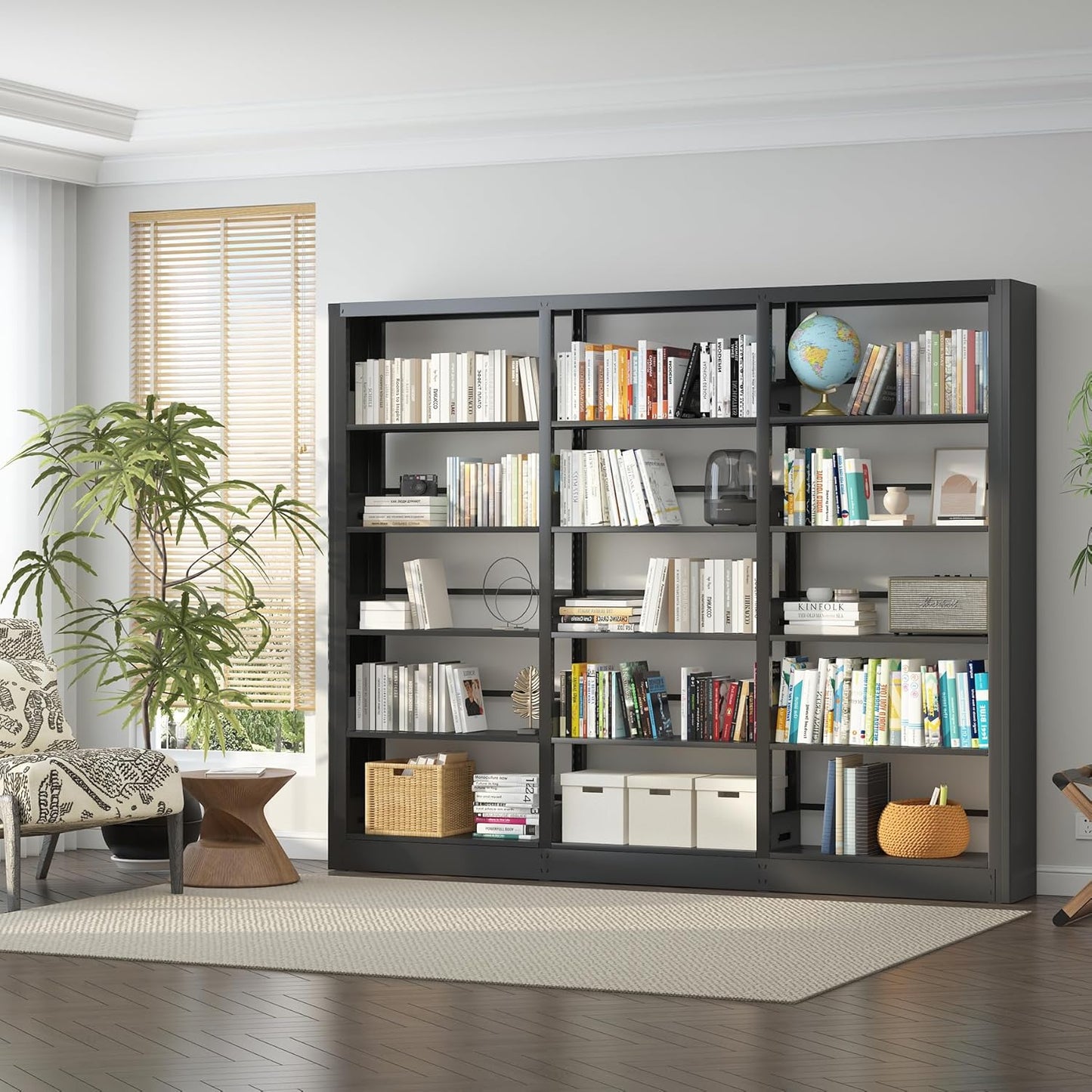 5-Tier Industrial Bookshelf, Black Bookcases and Bookshelves,Tall Metal Book Shelf Storage Organizer, Freestanding Bookshelf for Living Room,Home Office (Black, Shelf-3)