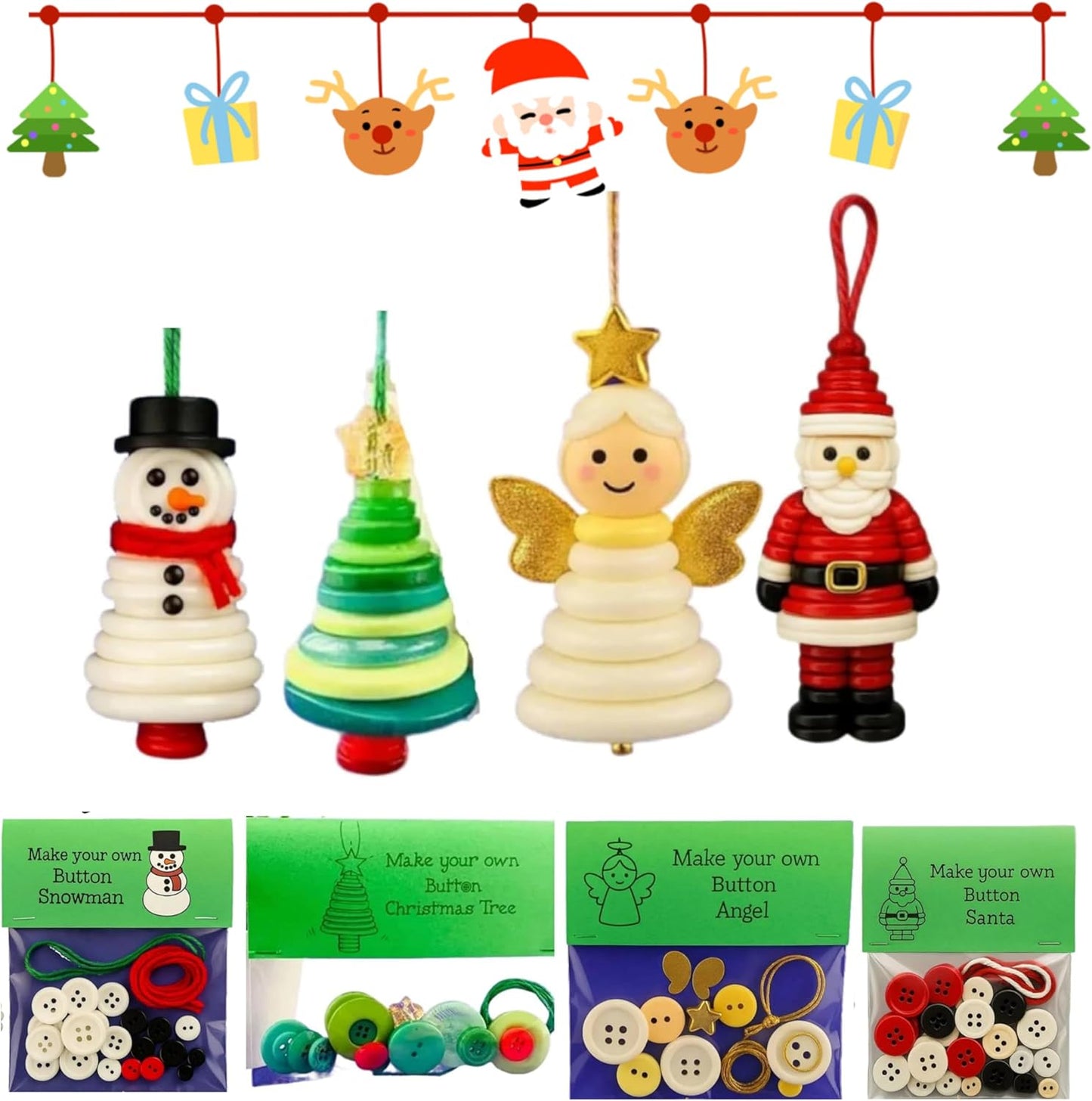 DIY Christmas Button Ornament Making Set–Fun Holiday Handmade Decorations for All Ages,DIY Craft Buttons Kit with Christmas Snowman/Santa/Angel,Xmas Tree Hanging Decorations (#D)