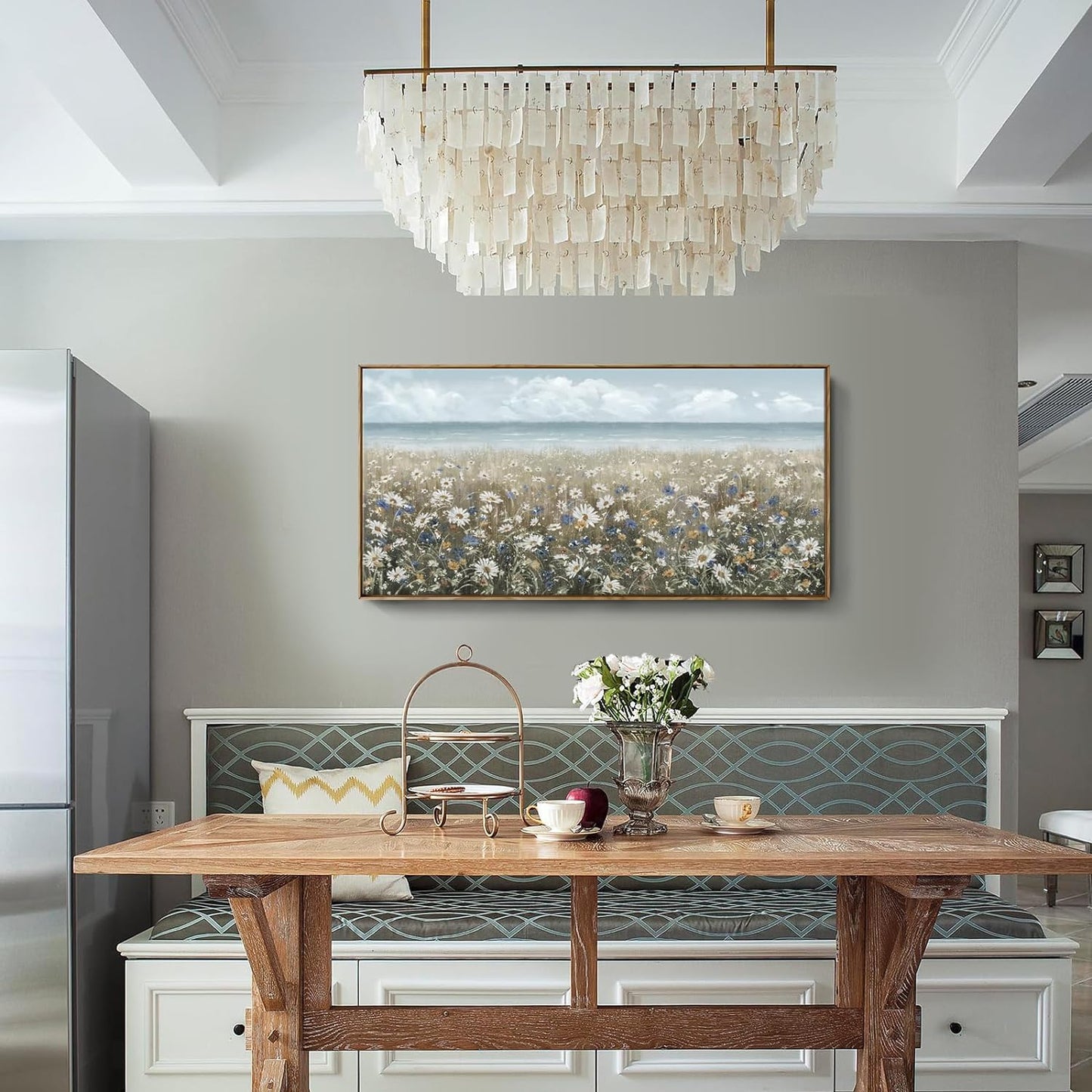 amatop Large Wall Art for Living Room Framed Boho Beach Coastal Floral Ocean Wall Picture Farmhouse Daisy Flower Sea Canvas Print Nautical Neutral Vintage Warm Artwork Home Bedroom Office Decor 48x24