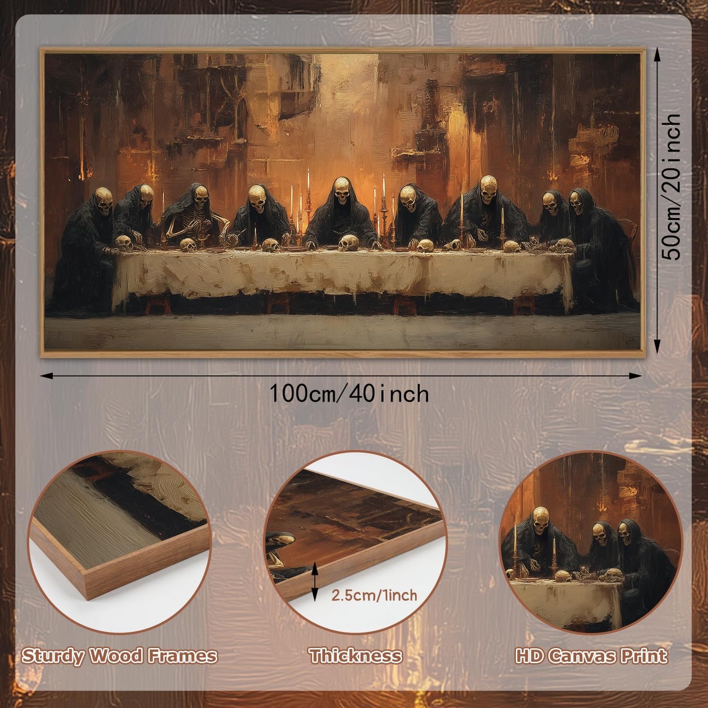 KAIRNE Framed Skeleton Canvas Wall Art,Abstract Retro Skull Print Set of 1(40”X20”),Scary Halloween Pictures,Horror Wall Art,Skeleton Last Supper Posters for Living Room Bedroom Ding Room Office Decor