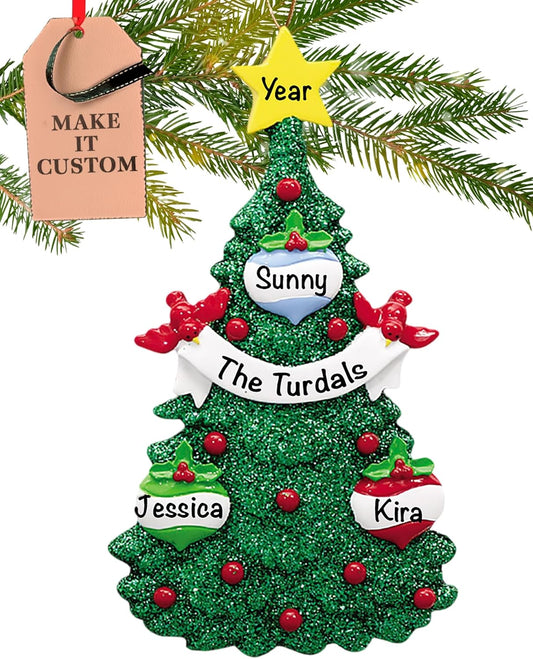 Personalized Family of 3 Ornament 2025 | Free 24h Customization | Christmas Ornaments for Tree | Custom Gift Wrapped Green Glitter Keepsake for Three Persons