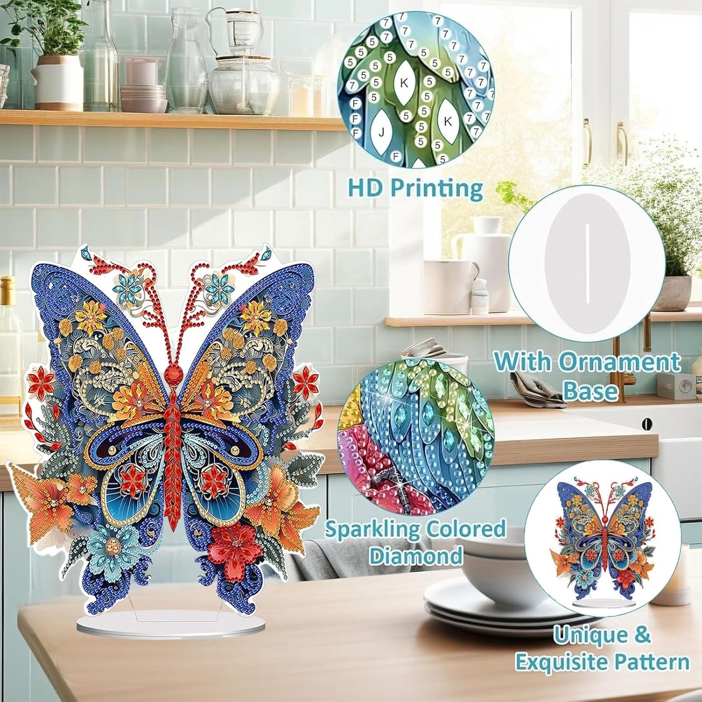 Diamond Painting Kits for Adults Beginners, 5D Full Drill Flowers and Butterfly Crystal Art Desktop Ornament, DIY Single Sided Home Office Desk Decor, Creative Craft Gift Set with Tools