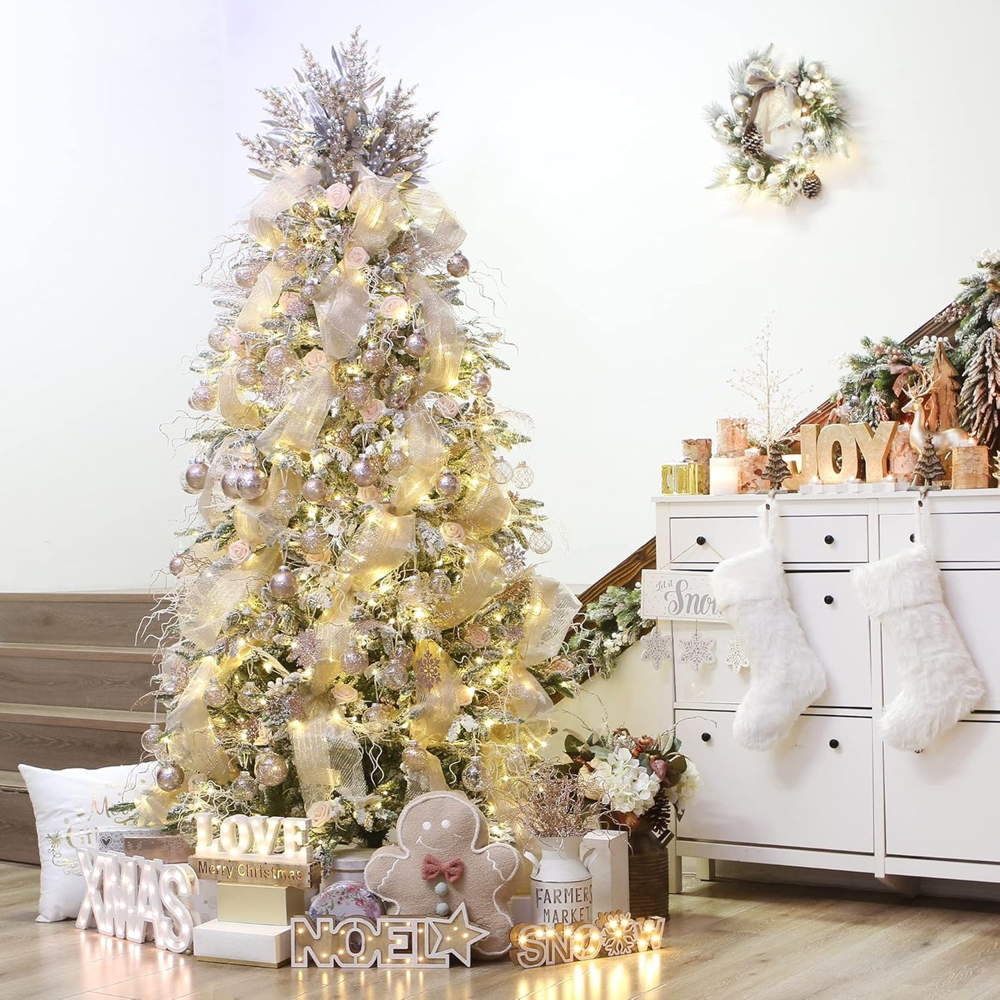 Sea Team Christmas Baubles Set Clear Plastic Shatterproof Multi-Size Decorative Christmas Balls with Stuffed Delicate Decorations (48 Pieces, Rose Gold)