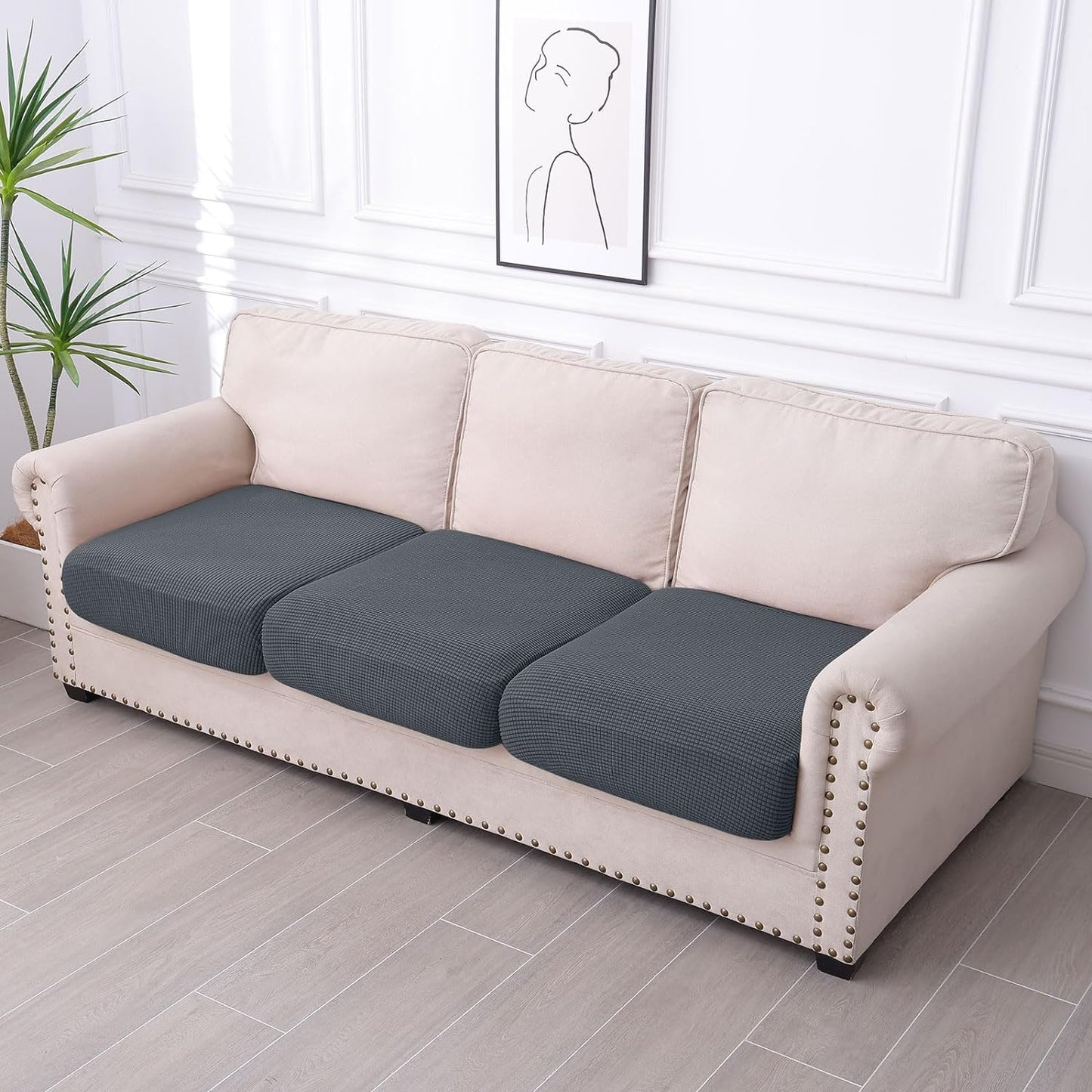 hyha Waterproof Couch Cushion Covers for Pets, Non Slip Sofa Seat Cover for Dogs Washable, Soft Thick Stretch Jacquard Fabric, Sofa Slipcovers with Elastic Bottom (3 Pieces, Grey)
