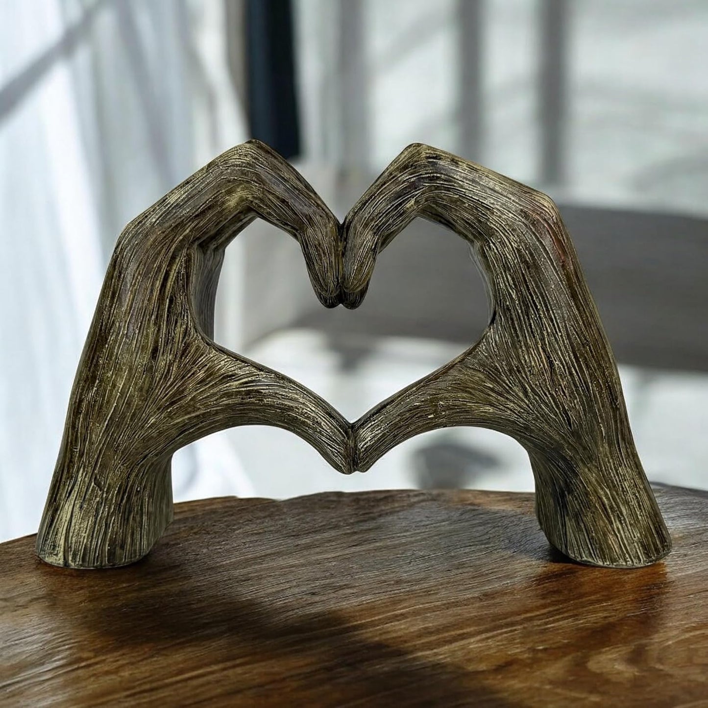 Top Brass Large Rustic Heart Hands Sculpture, 9 3/4” Resin Love Statue – Romantic Decor Accent for Shelf or Mantel – Perfect for Wedding, Valentine's Day or Anniversary (Rustic Wood Grain)