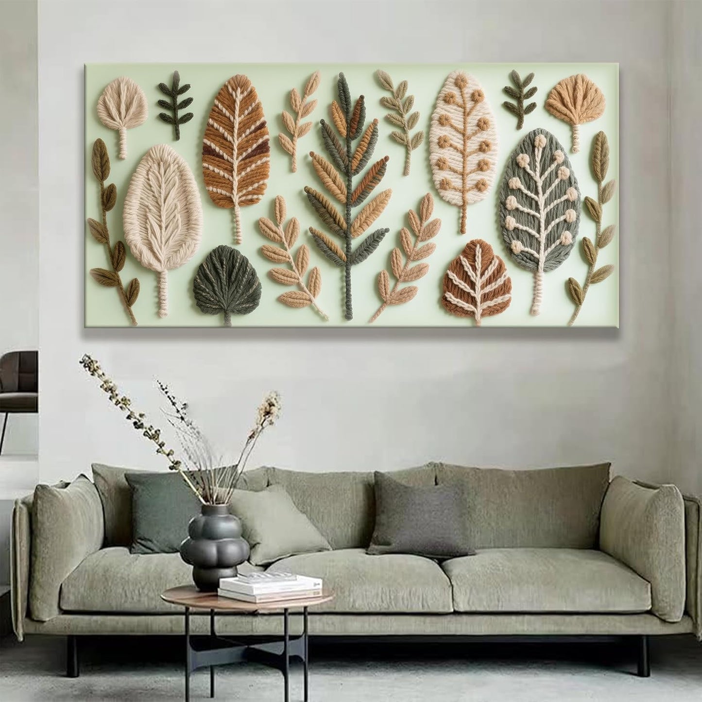 Large Boho Wall Art For Living Room Chic Home Green Wall Art Modern Multicolor Print Paintings Leaves Feather Canvas Wall Art Decor Picture For Bedroom Apartment Kitchen Ready To Hang 29"W X 58"L