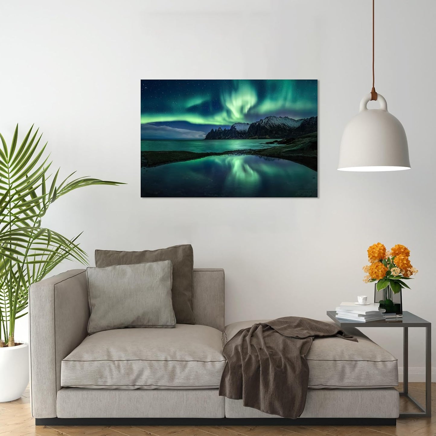 Aurora Borealis Wall Art Painting for Office Bedroom Scenery Landscape Canvas Print Framed Picture Northern Lights Poster Artwork Ready to Hang(12.00"x16.00")