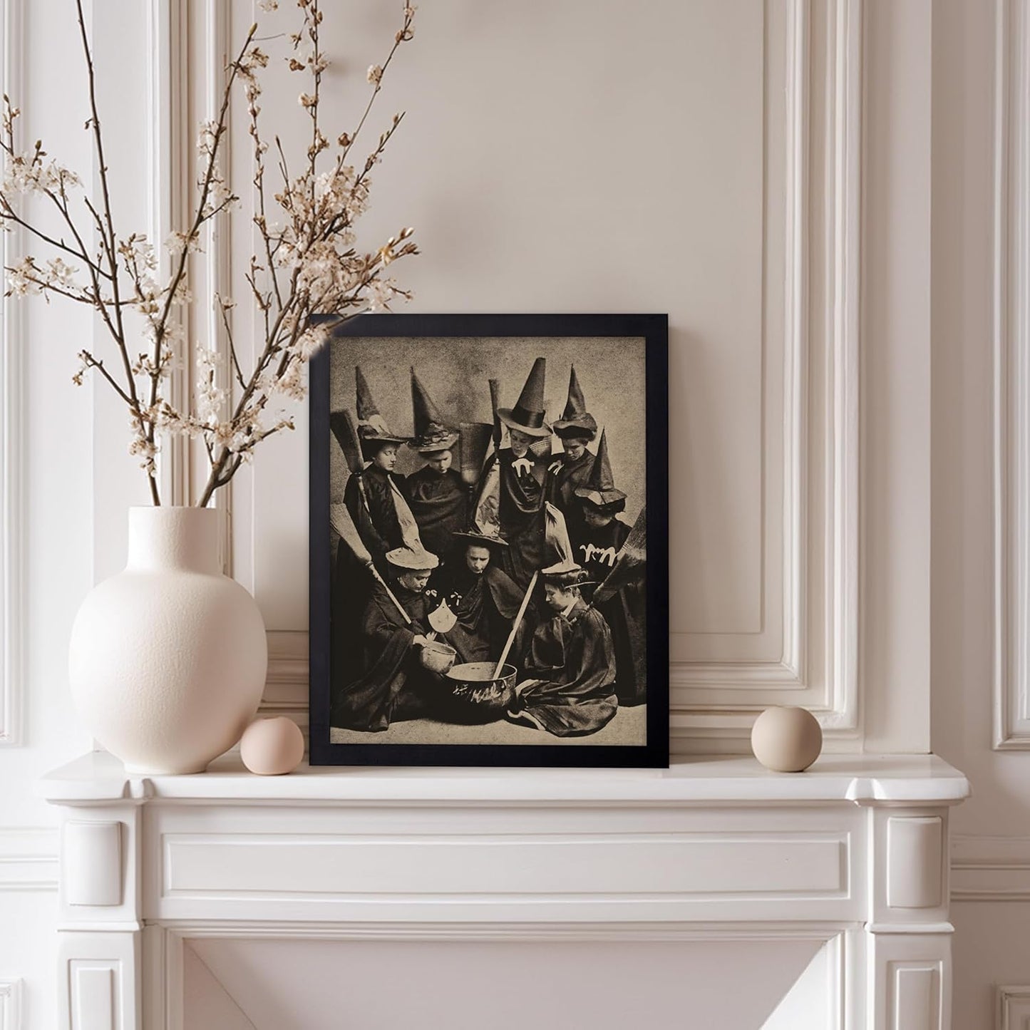 Poster Master Vintage Photograph Poster - Retro Halloween Print - Gift for Artist, Friend - Witches Cooking, Pointy Hats, Broomsticks, Black Magic - Wall Decor for Bedroom, 11x14 Black Framed