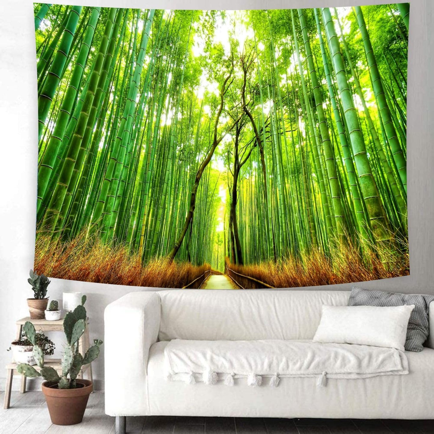 Delur Forest Pathway Tapestry Sunset Tropical Rainforest Nature Tree Tapestry Wall Hanging Sunrise Scenic Natural Green Landscape Headboard for Bedroom Living Room Home Decor (51.2" x 59.1")