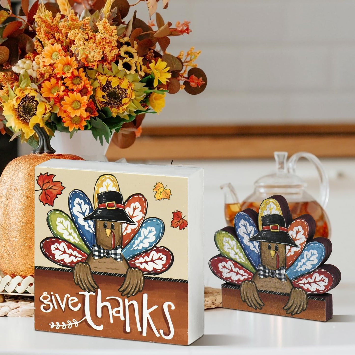 Smile Thanksgiving Wooden Decor Indoor, Turkey Decor Give Thanks Box Sign, Thanksgiving Table Tiered Tray Kitchen Decorations