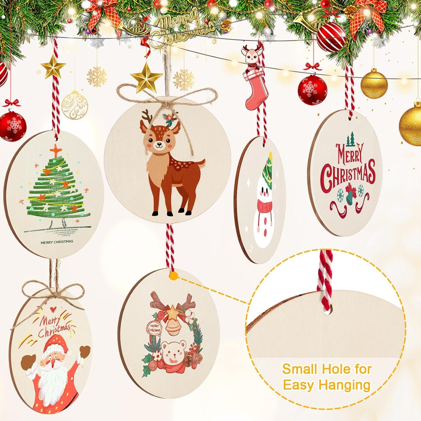 Philorn 50pcs Wooden Ornaments for Crafts 3.5" Unfinished DIY Wooden Christmas Ornaments, Predrilled Wood Slices Circles for Crafts Paint Holiday Hanging Decorations (50pc Rounds)