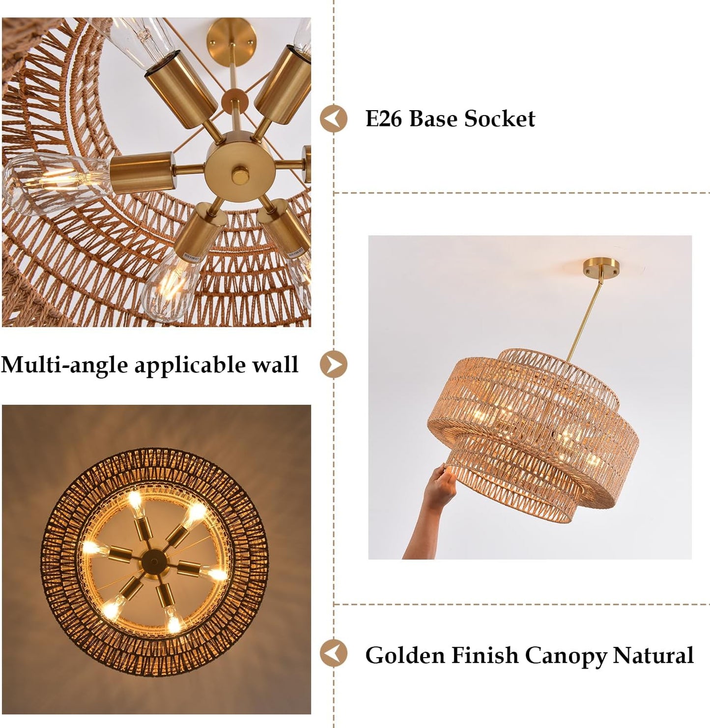 Rattan Chandelier Farmhouse 6 Lights Hand Woven Large Boho Chandeliers for Dining Room Light Fixture Hanging 23.62" Wicker Pendant Lighting for Island