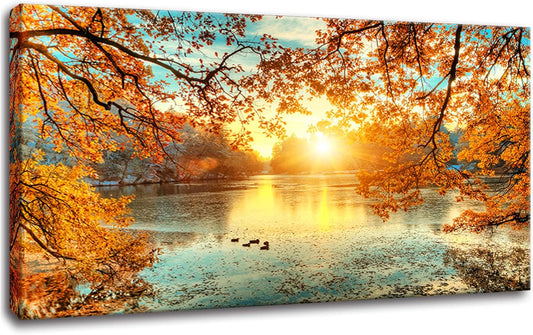 Yxbhhym-Landscape Tree Canvas Wall Art Fall Forest Sunset Wall Decor Poster Lake Water Pictures for bedroom wall decor Natural Scenery Paintings Artwork Modern Living Room Decor Home Office Decoration