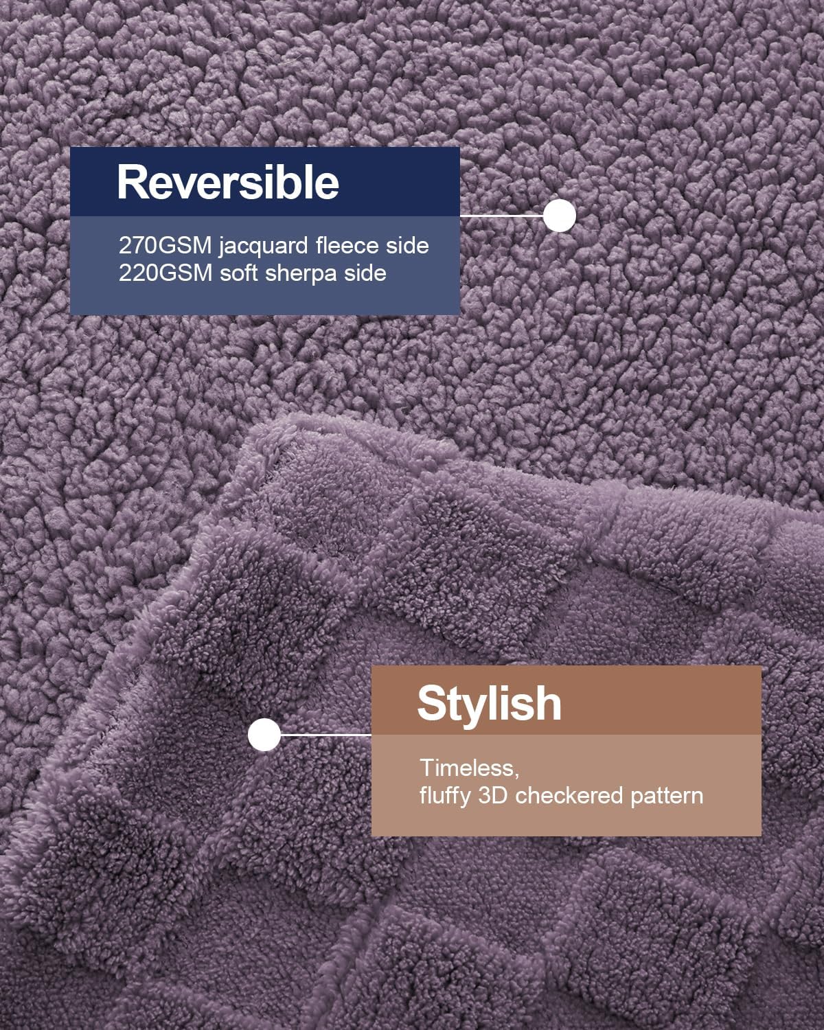 Pawque Super Soft Cozy Throw Blanket Twin Size for Couch Bed, Fluffy Sherpa Fleece Reversible Thick Warm Fuzzy Blanket for All-Season, 3D Checkered Jacquard Decorative Blankets, Purple, 60" x 80"