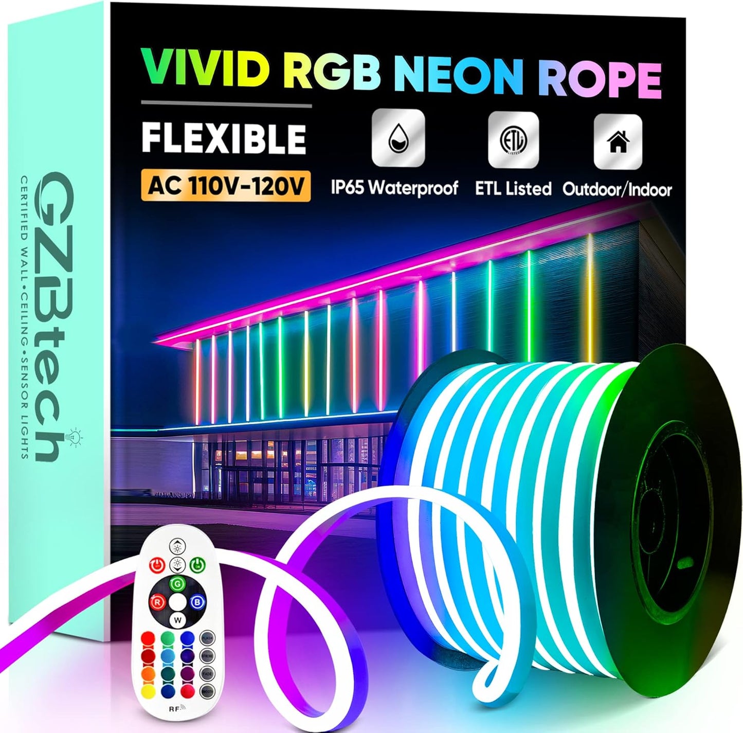 GZBtech RGB LED Neon Rope Lights 66FT/20M, AC 110-120V Waterproof Color Changing LED Rope with Remote Controller, Dimmable Multi Color Neon Rope Lighting for Indoor Outdoor Commercial Use