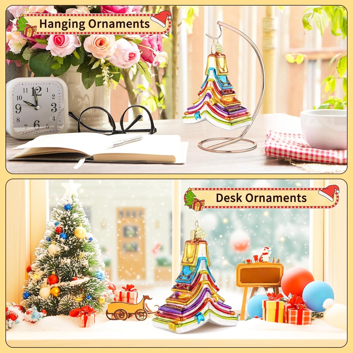 Book Christmas Tree Ornaments,Hand-Blown Glass Ornaments,Colorful Book Tree Shape Watcher Collection Figurines Hanging Ornament,Christmas Decorations for Reading Lovers Holiday Party Home Gift