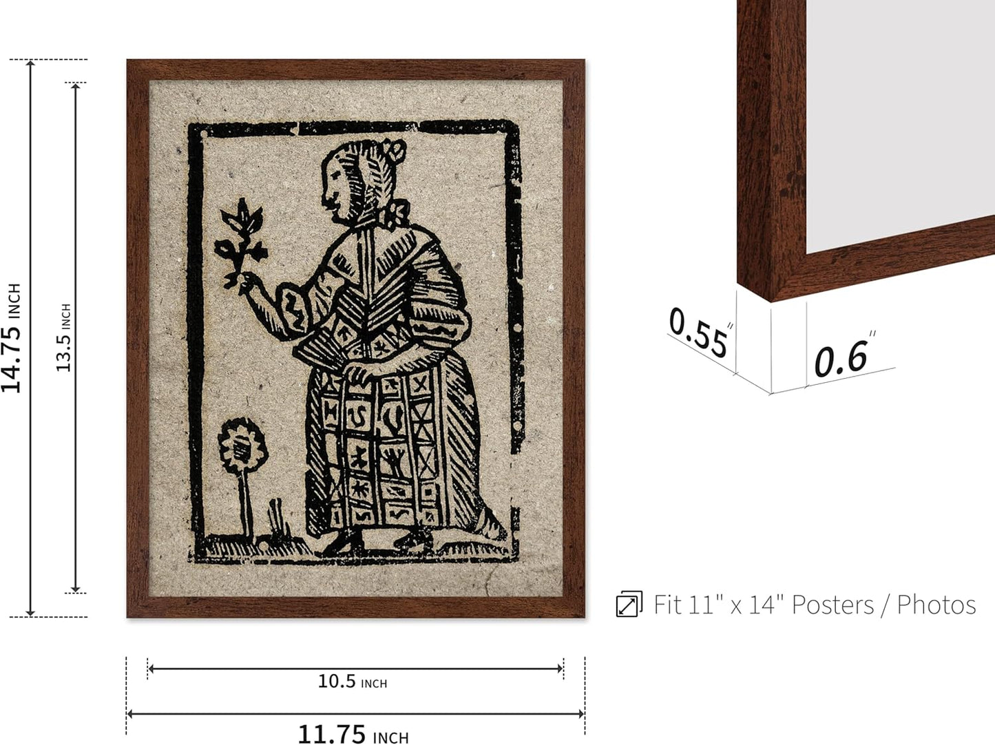 Poster Master Vintage Woodcut Poster - Retro Medieval Print - Gift for Gothic, Horror Fan - Witch Holding a Plant, Magic, Spell, Herbalist - Wall Decor for Bedroom, Dorm, 11x14 Brown Framed