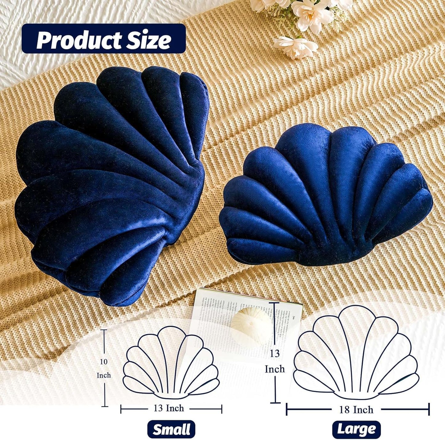 Navy Blue Seashell Throw Pillows, Shell Shaped Throw Pillows, 13 Inch Soft Velvet Home Decorative Pillow Plush Cushion for Bed Couch Living Sofa Room Decor Accent Throw Pillow