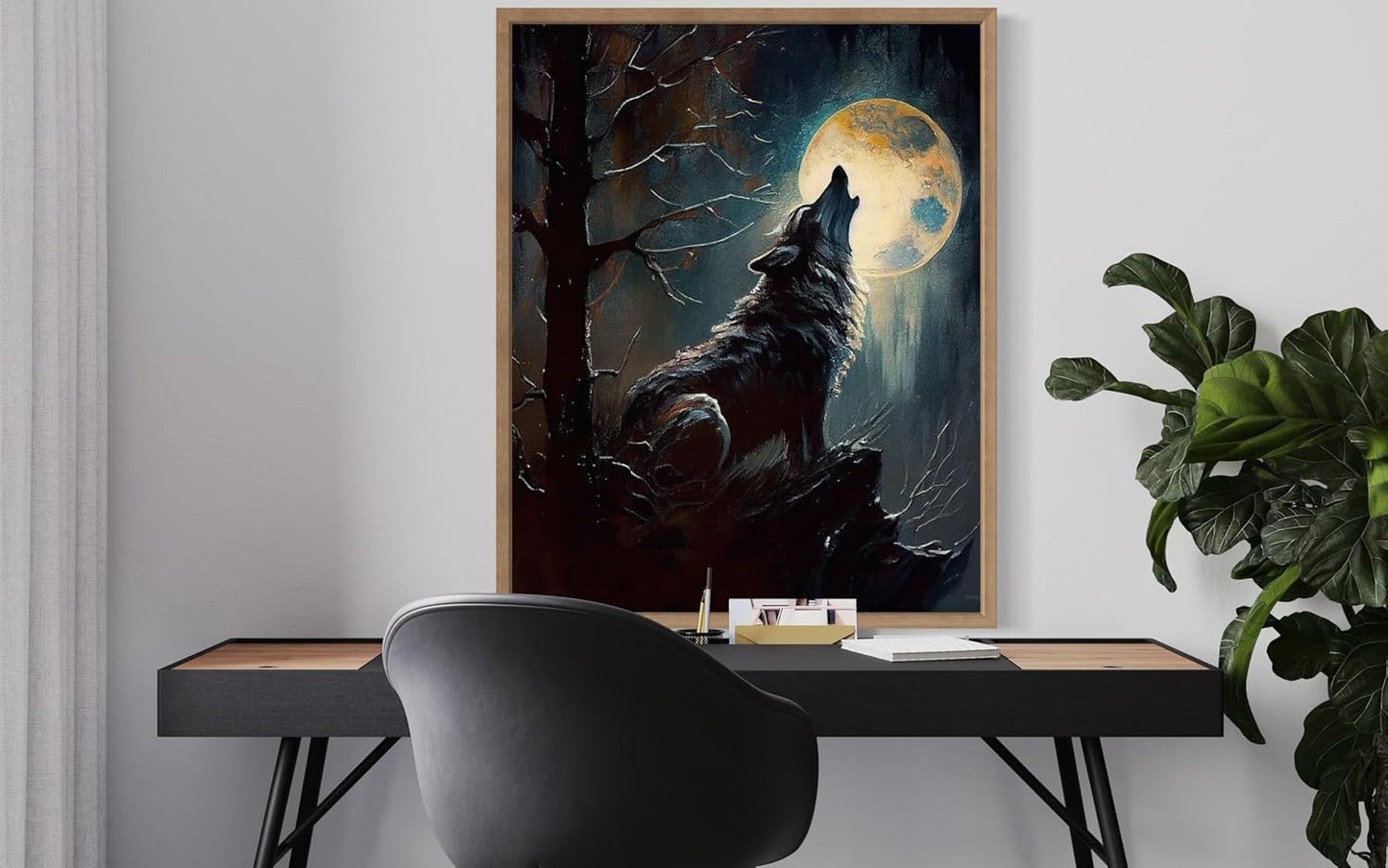 Wolf howling Poster Art Print, Halloween Scary Vintage Wall Art Academia Spooky Painting Decoration for Horror Prints, Gothic Posters Bedroom Decor 89 (Wolf howling, 8 x 10 inches, Wood Frame)