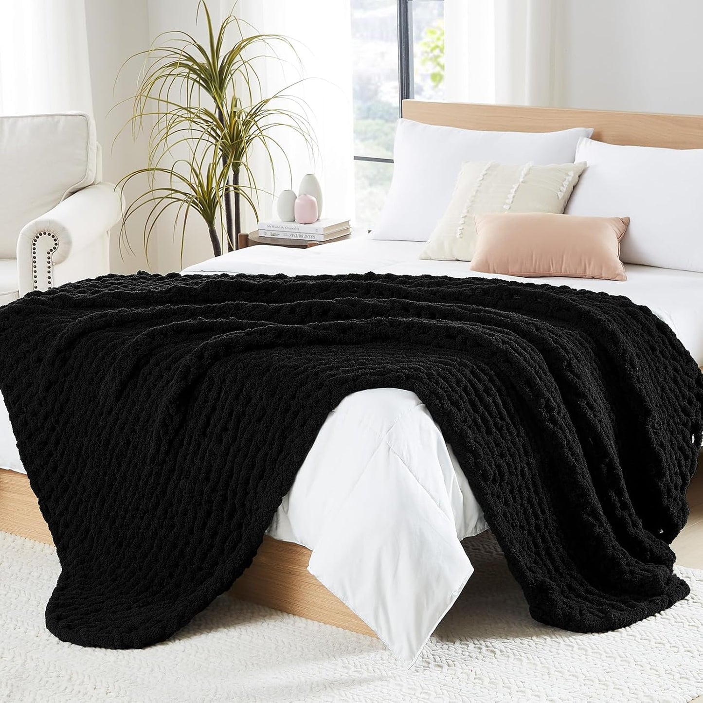 L'AGRATY Chunky Knit Blanket Throw: 80''x90'' Chenille Chunky Knitted Throw Blanket for Bed Couch - Handmade Thick Big Cable Knit Blanket - Large Chunky Crochet Rope Blanket for Home Decor(Black)