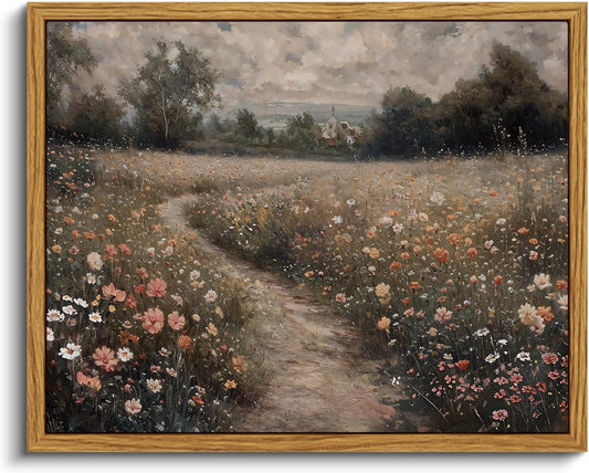 VIYYIEA Framed Canvas Wall Art Home Decor Vintage Landscape Nature Country Wildflower Paintings Farmhouse Pictures Floral Artwork Rustic Flower Prints Cottagecore Living Room Bedroom Bathroom 8x10in