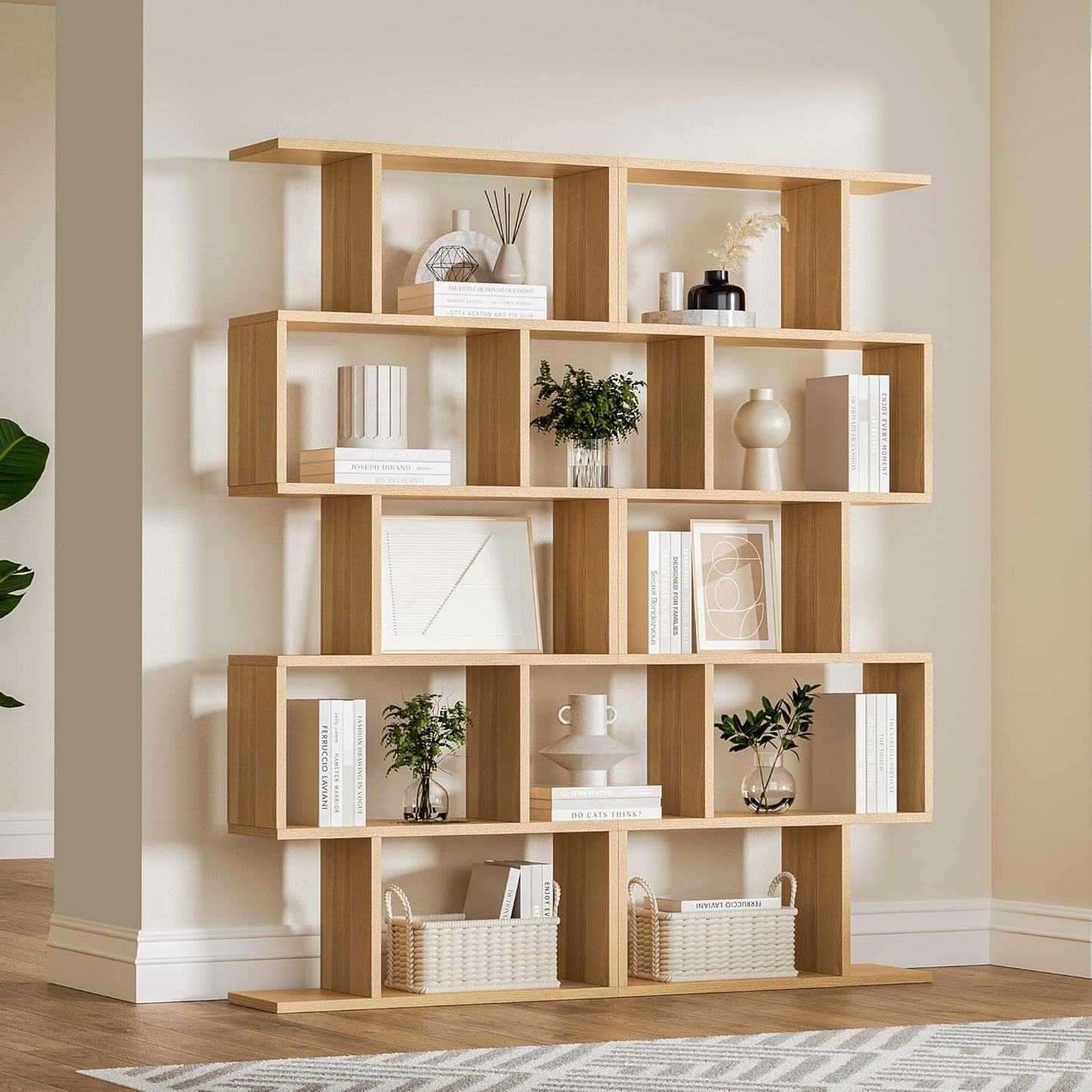 Oak 5-Tier Geometric Bookcase, S-Shaped Modern Bookshelf Set of 2, 62.6" Tall Room Divider Book Shelf, Decorative Display Shelf
